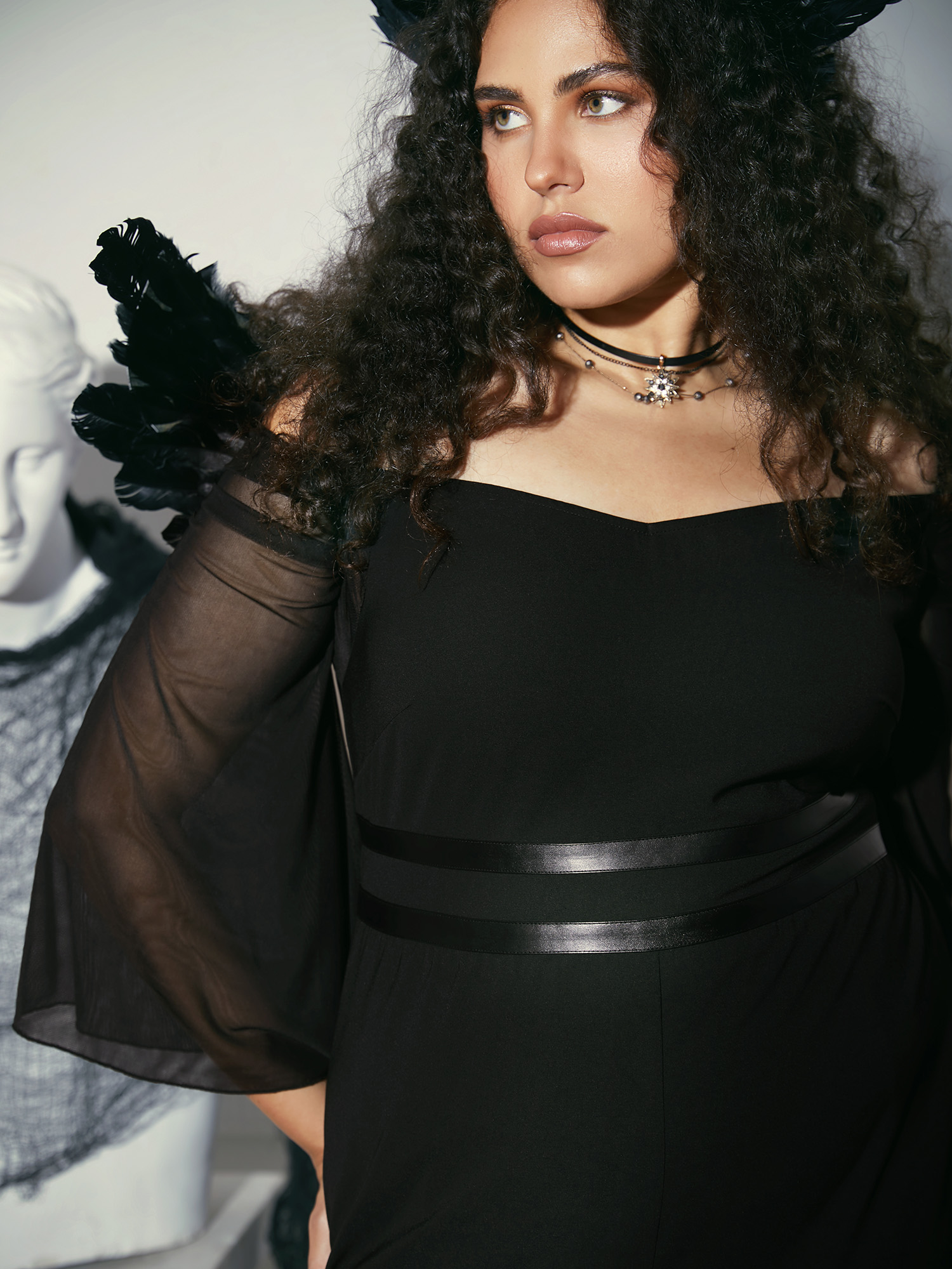 Plus Size Black Wicked Witch Leather Belt Off-Shoulder Jumpsuit Women Cocktail Extra Long Sleeve One-shoulder neck Party Loose Jumpsuits BloomChic 14-16/1X 