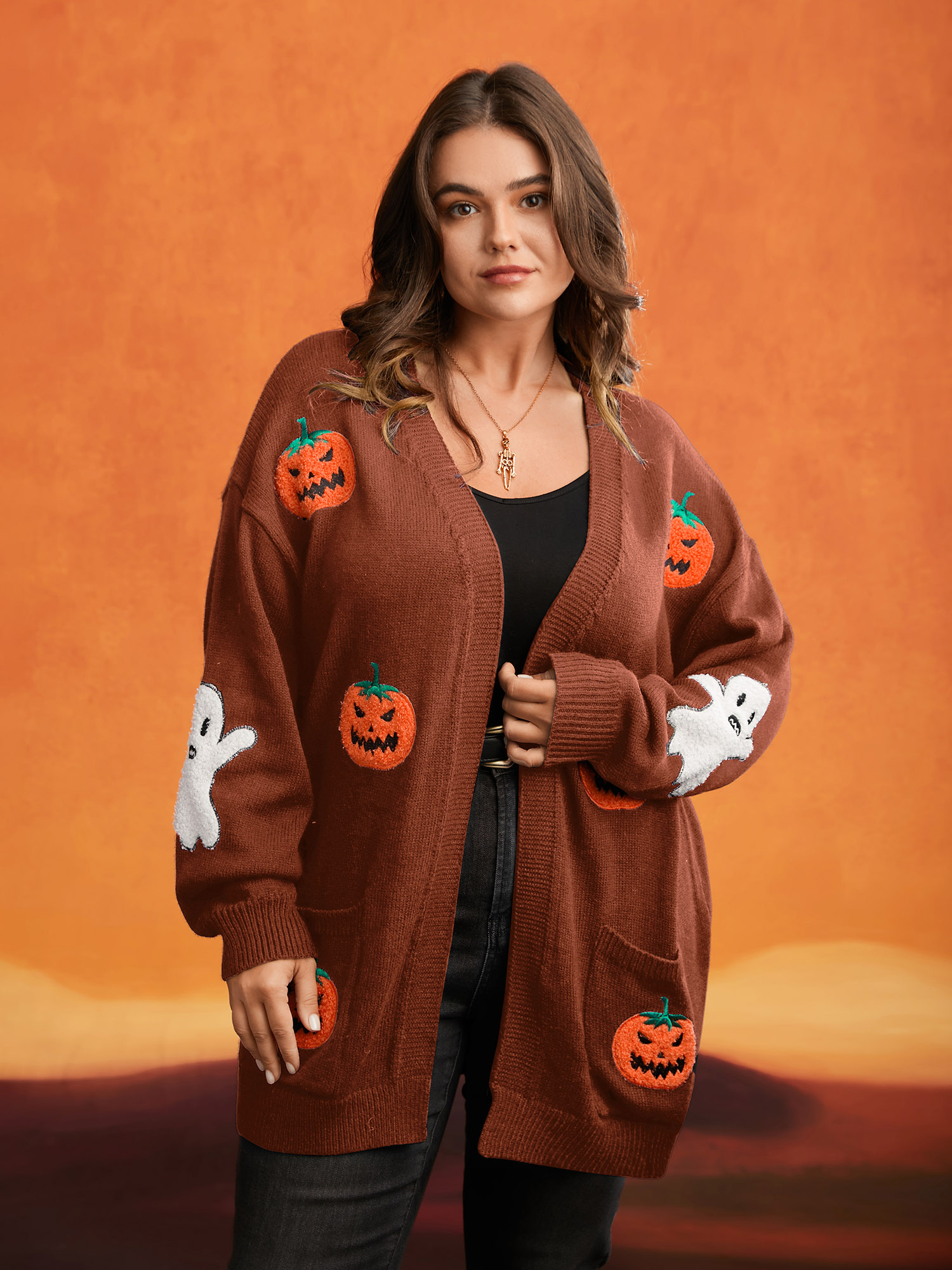 

Plus Size Pumpkin Ghost Embroidery Open Cardigan Rust Women Casual Loose Long Sleeve Everyday Cardigans BloomChic