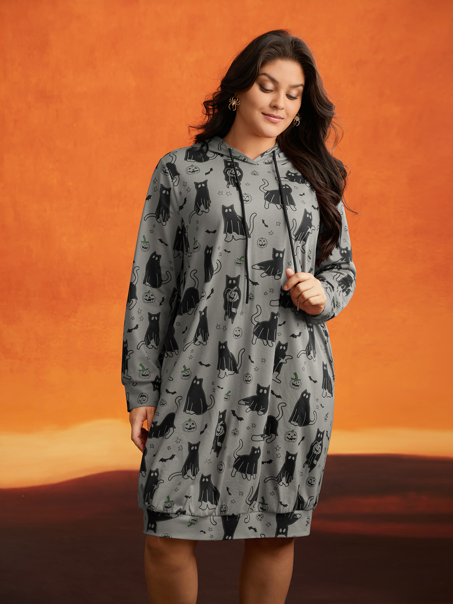 

Plus Size Pumpkin Cat Printed Hooded Midi Dress DimGray Long Sleeve Hooded Cocktail Party  Bloomchic