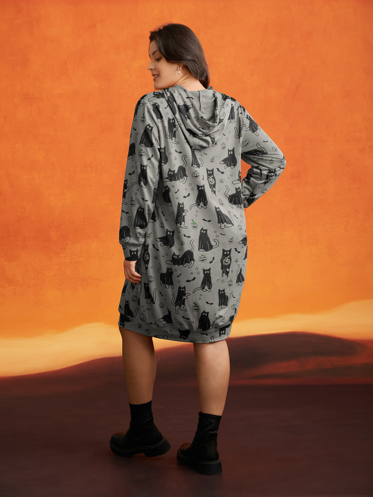 

Plus Size Pumpkin Cat Printed Hooded Midi Dress DimGray Long Sleeve Hooded Cocktail Party  Bloomchic