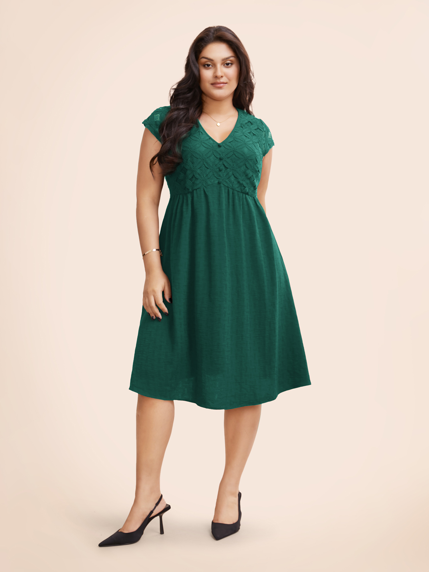 

Plus Size Plain Lace Panel Cap Sleeve Dress Teal Women Elegant Texture V-neck Cap Sleeve Curvy BloomChic