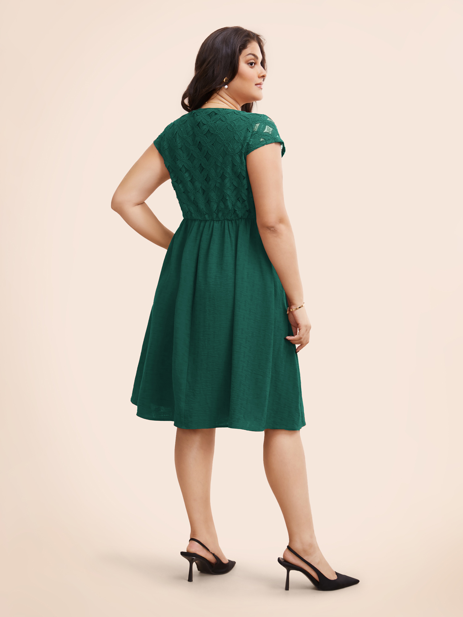 

Plus Size Plain Lace Panel Cap Sleeve Dress Teal Women Elegant Texture V-neck Cap Sleeve Curvy BloomChic