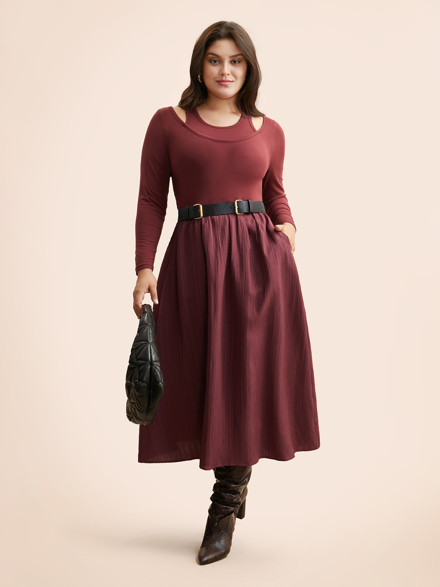 

Plus Size 2-In-1 Patchwork Gathered Dress Burgundy Women Casual Texture Round Neck Long Sleeve Curvy BloomChic