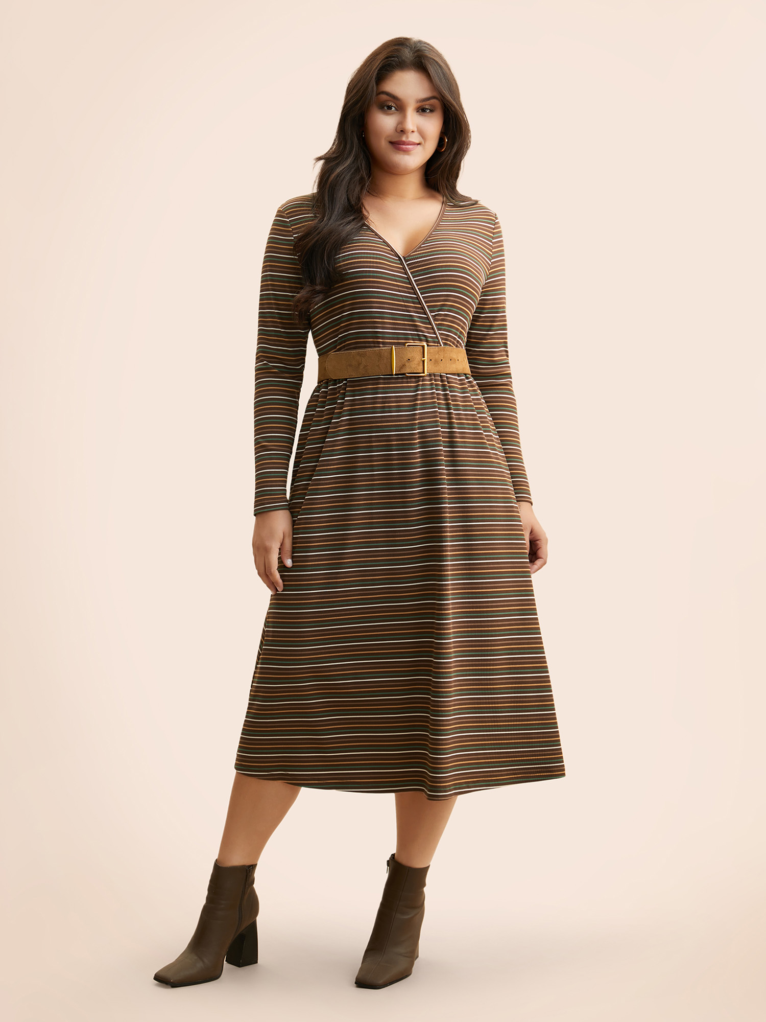 

Plus Size Striped Overlap Collar Midi Dress Browncoffeecolor Women Elegant Texture Overlap Collar Long Sleeve Curvy BloomChic