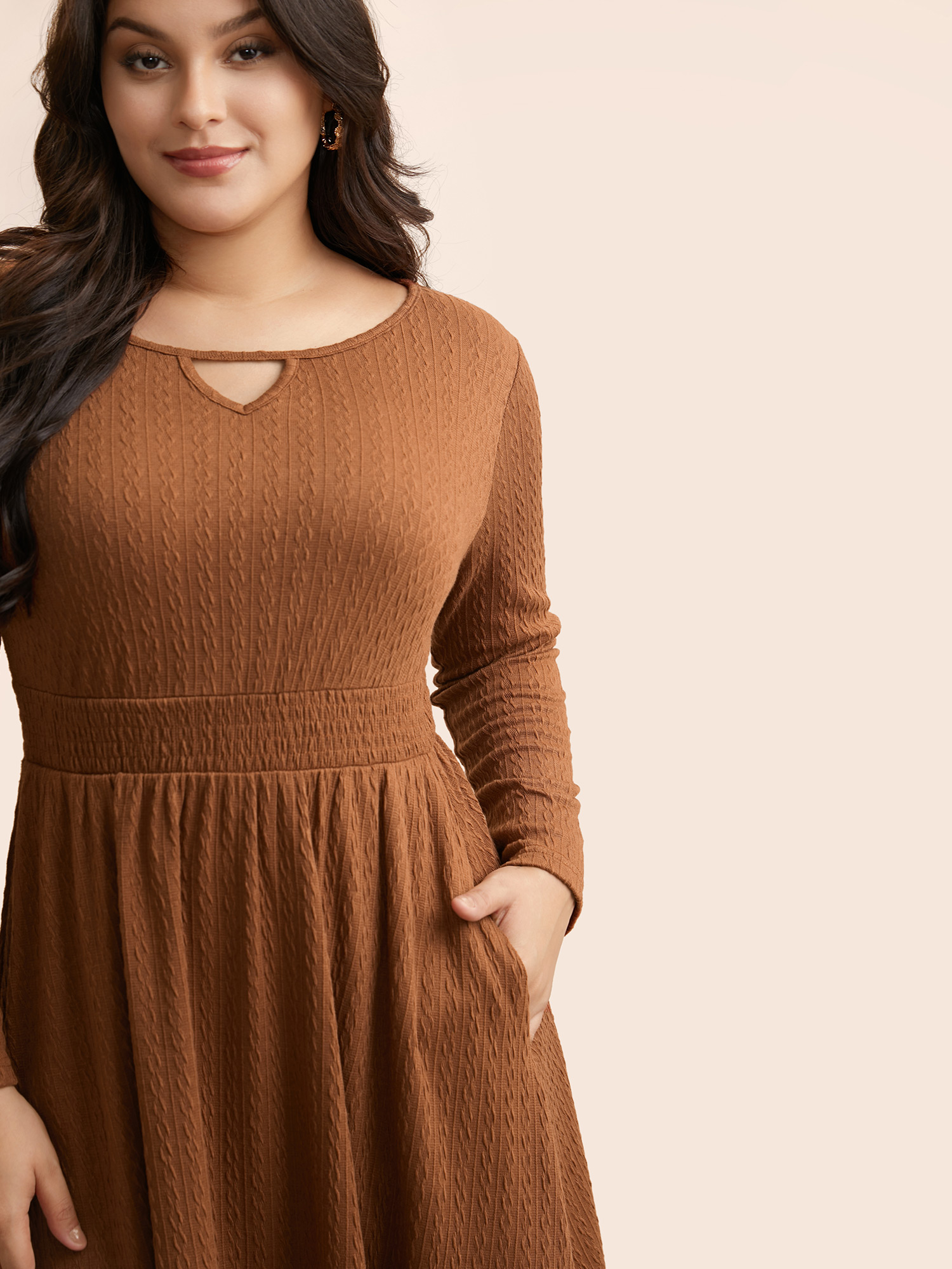 

Plus Size Plain Textured Keyhole Shirred Dress Yellowishbrown Women Elegant Texture Round Neck Long Sleeve Curvy BloomChic