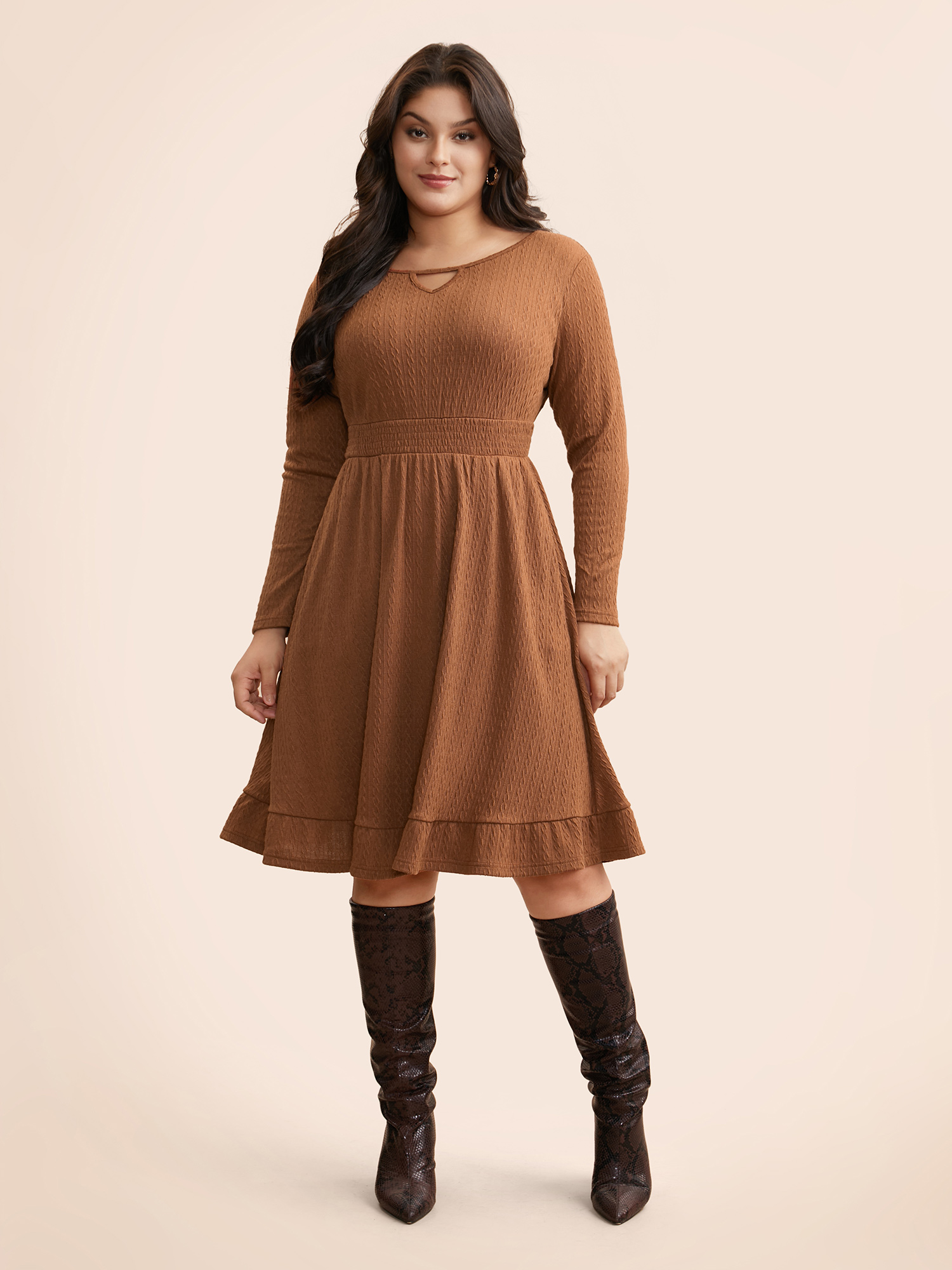 

Plus Size Plain Textured Keyhole Shirred Dress Yellowishbrown Women Elegant Texture Round Neck Long Sleeve Curvy BloomChic