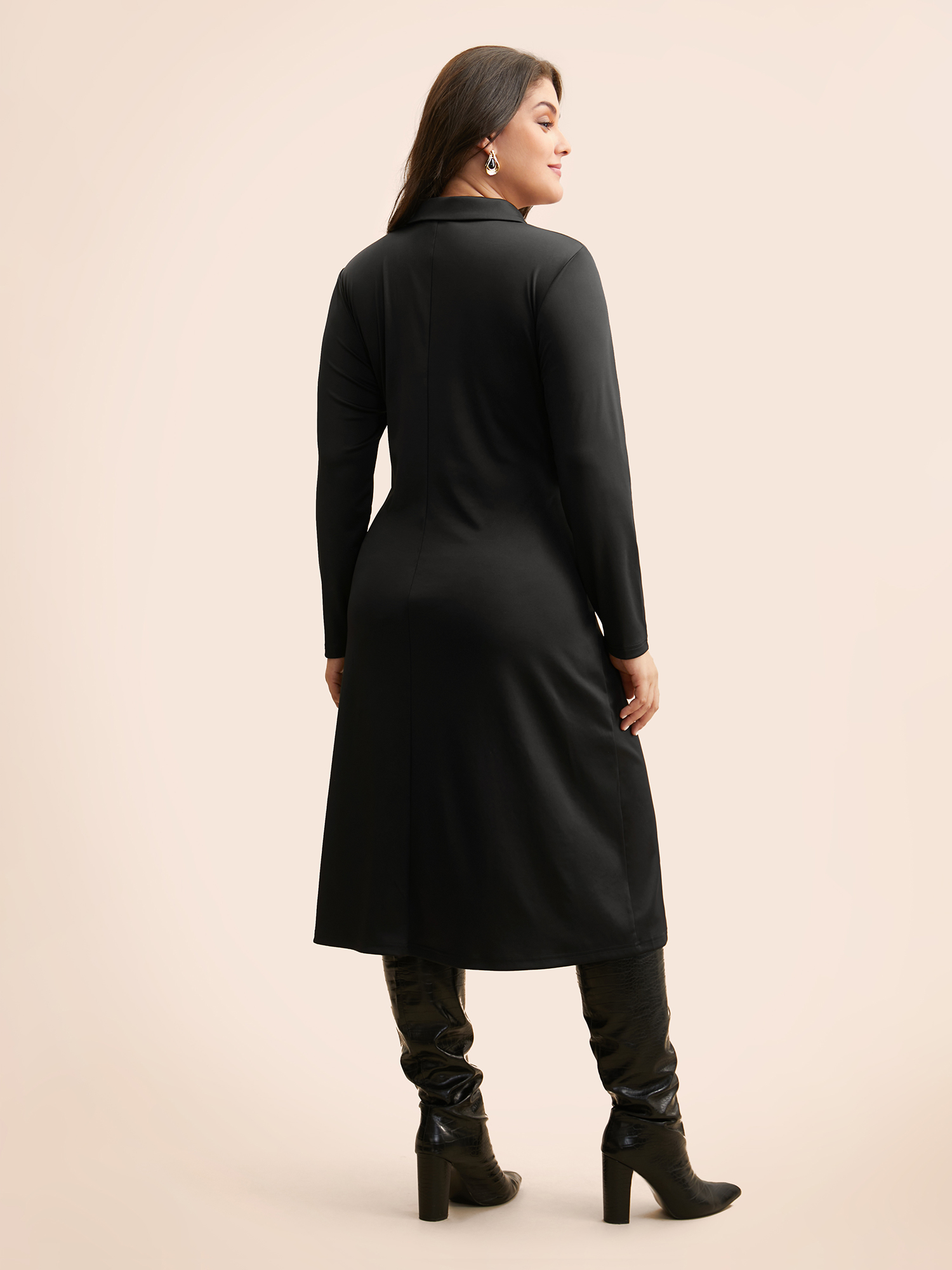 Plus Size Shirt Collar Button Up Midi Dress Black Women Elegant Button Shirt collar Long Sleeve Curvy BloomChic 28/5X 