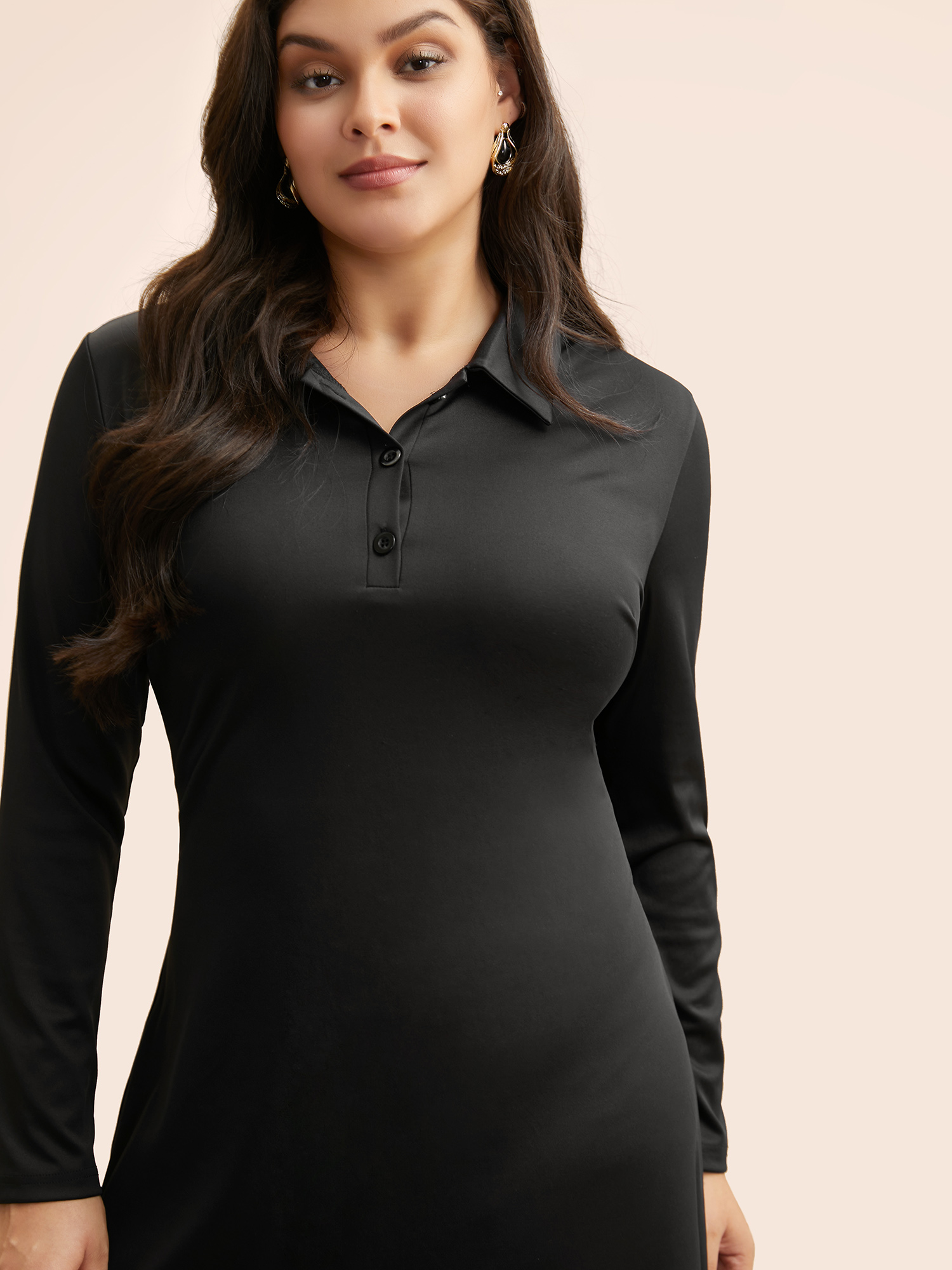 Plus Size Shirt Collar Button Up Midi Dress Black Women Elegant Button Shirt collar Long Sleeve Curvy BloomChic 28/5X 