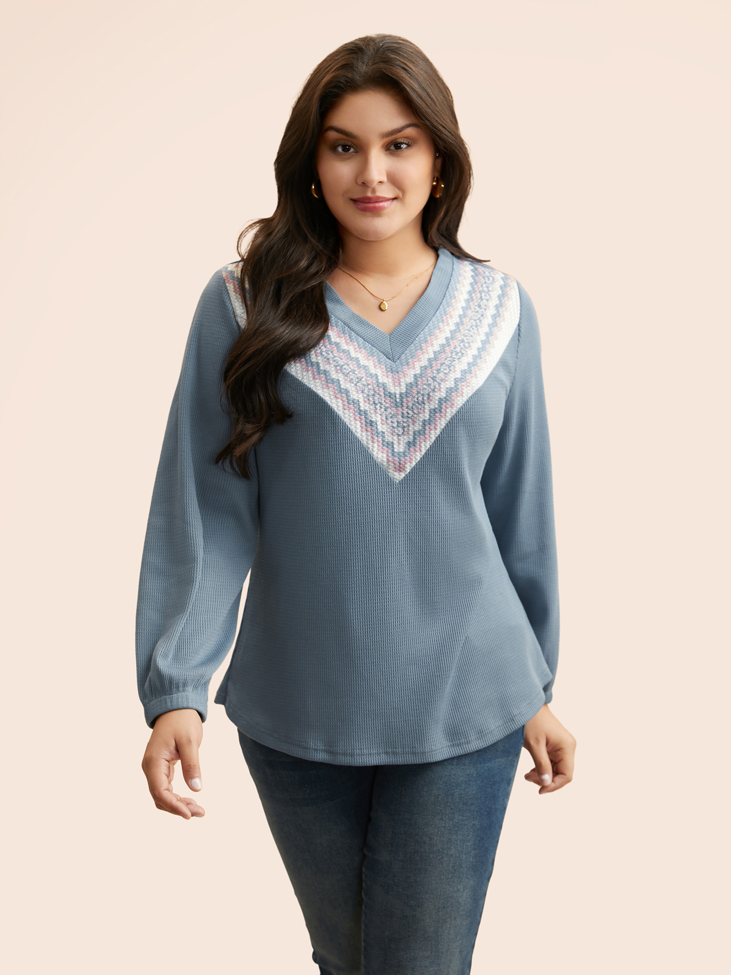 

Plus Size V Neck Texture Patchwork T-shirt Stone V-neck Extra Long Sleeve Casual Jersey Tops