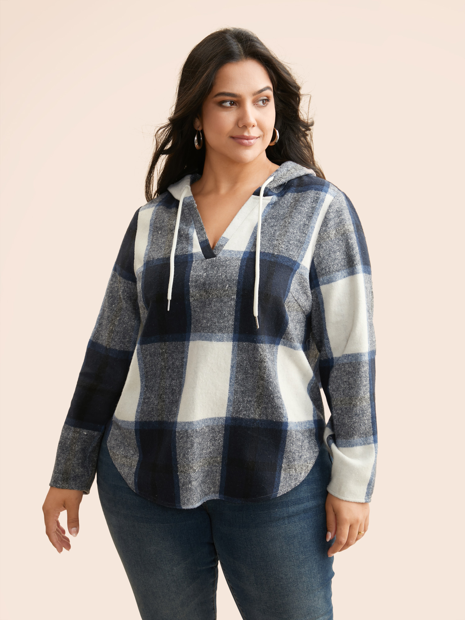 

Plus Size Brushed Fabric Plaid Hooded Sweatshirt Women Indigo Casual Drawstring Hooded Everyday Sweatshirts BloomChic