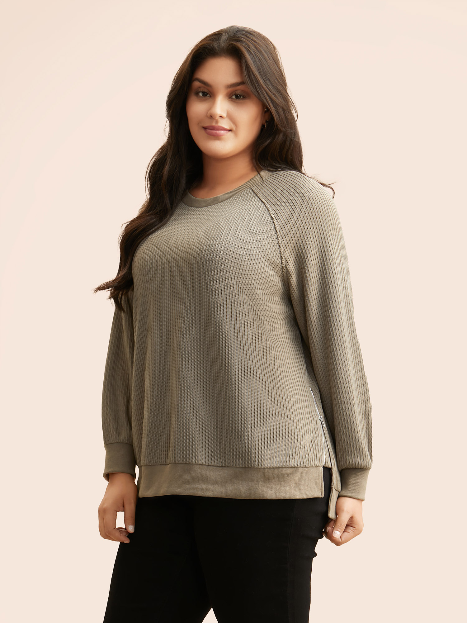 

Plus Size Crew Neck Zipper Detail Raglan Sleeve Sweatshirt Women LightBrown Casual Texture Loose Round Neck Everyday Sweatshirts BloomChic