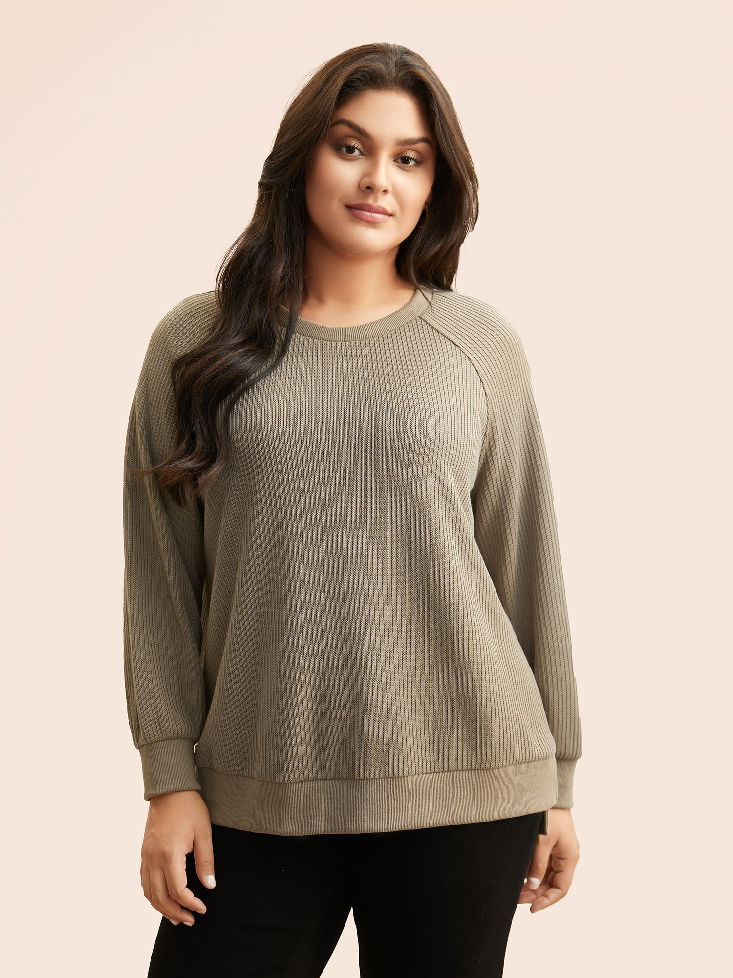 

Plus Size Crew Neck Zipper Detail Raglan Sleeve Sweatshirt Women LightBrown Casual Texture Loose Round Neck Everyday Sweatshirts BloomChic