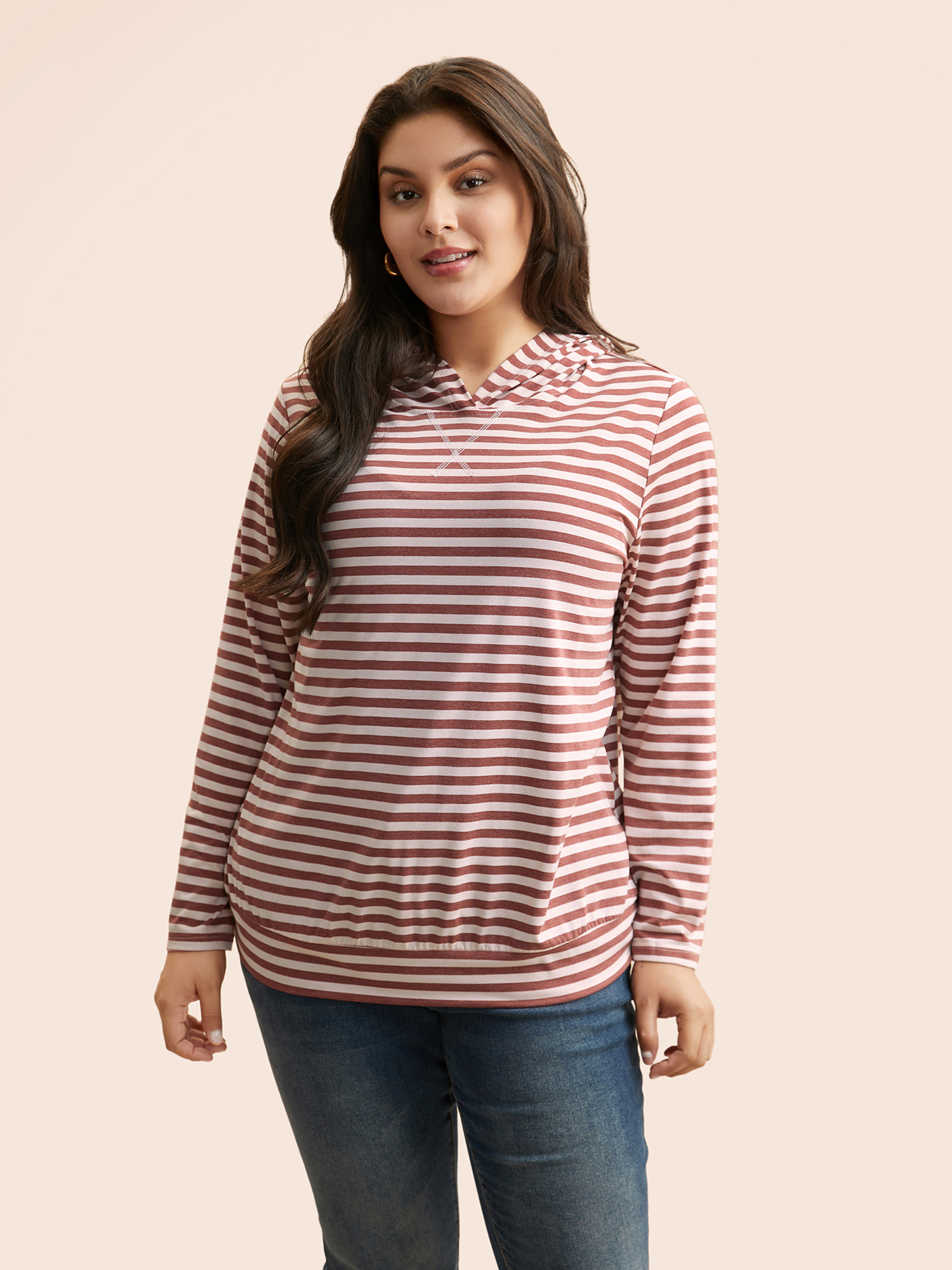 

Plus Size Contrast Striped Hooded Stitch T-shirt DustyPink Women Casual Non Hooded Everyday T-shirts BloomChic