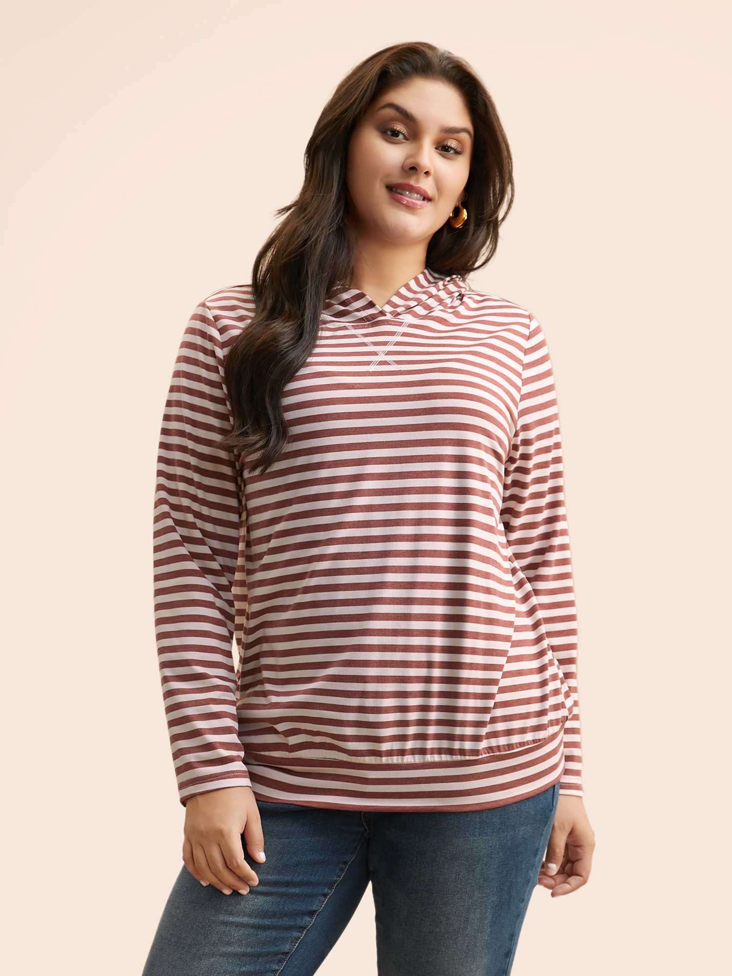 

Plus Size Contrast Striped Hooded Stitch T-shirt DustyPink Women Casual Non Hooded Everyday T-shirts BloomChic