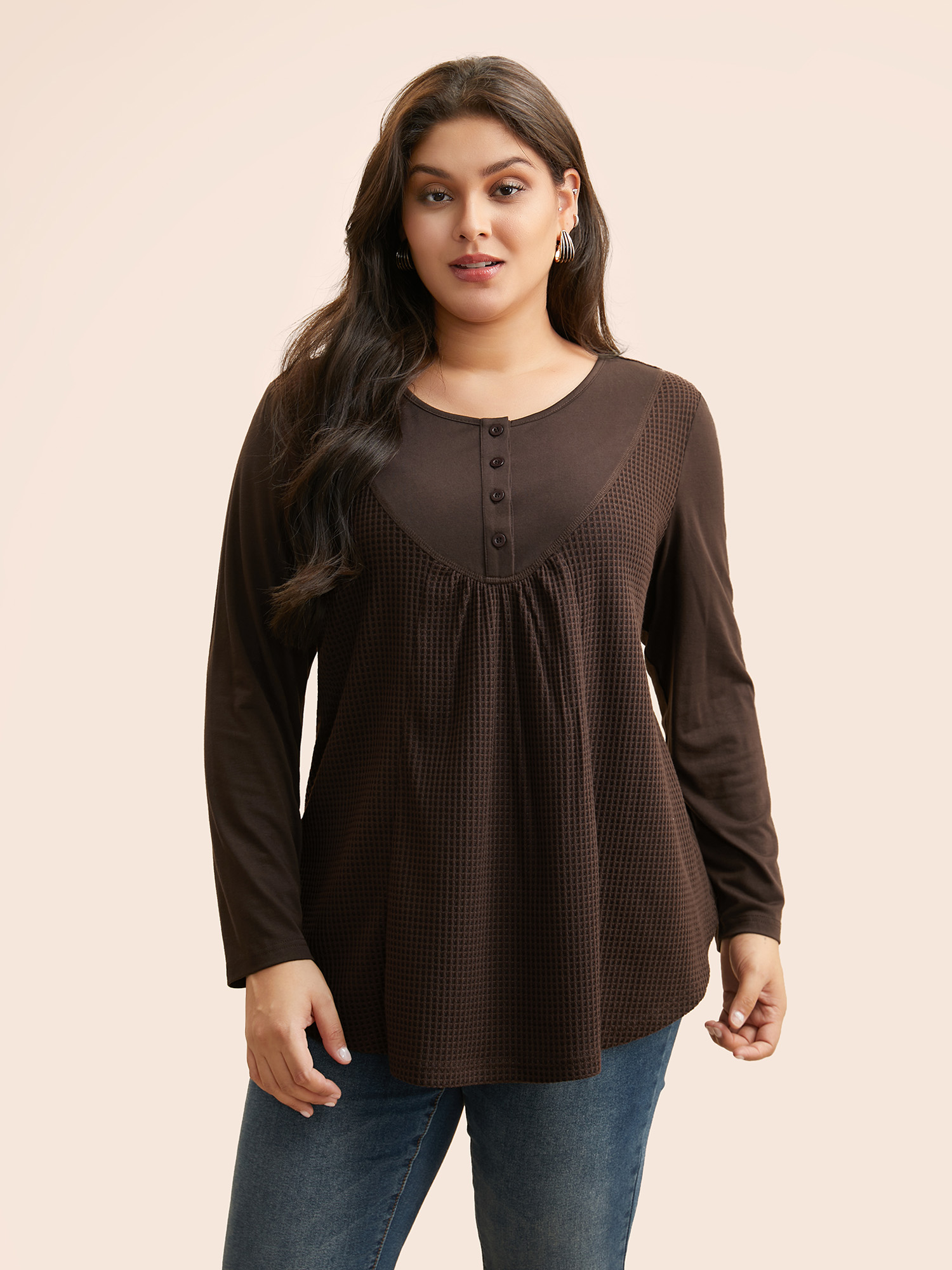 

Plus Size Waffle Knit Patchwork Button Up T-shirt DarkBrown Women Casual Texture Round Neck Loose Everyday T-shirts BloomChic