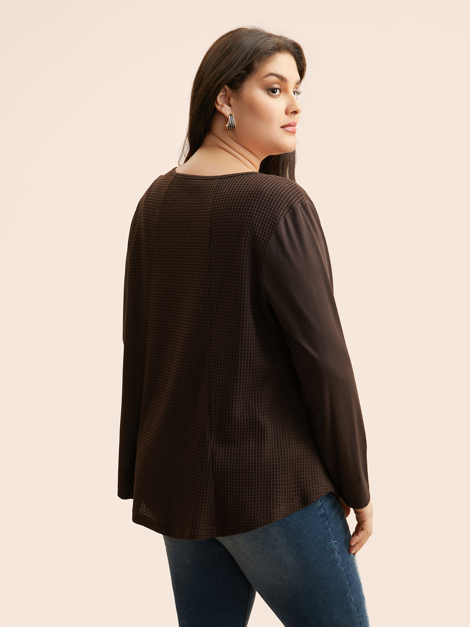 

Plus Size Waffle Knit Patchwork Button Up T-shirt DarkBrown Round Neck Long Sleeve Casual Jersey Tops