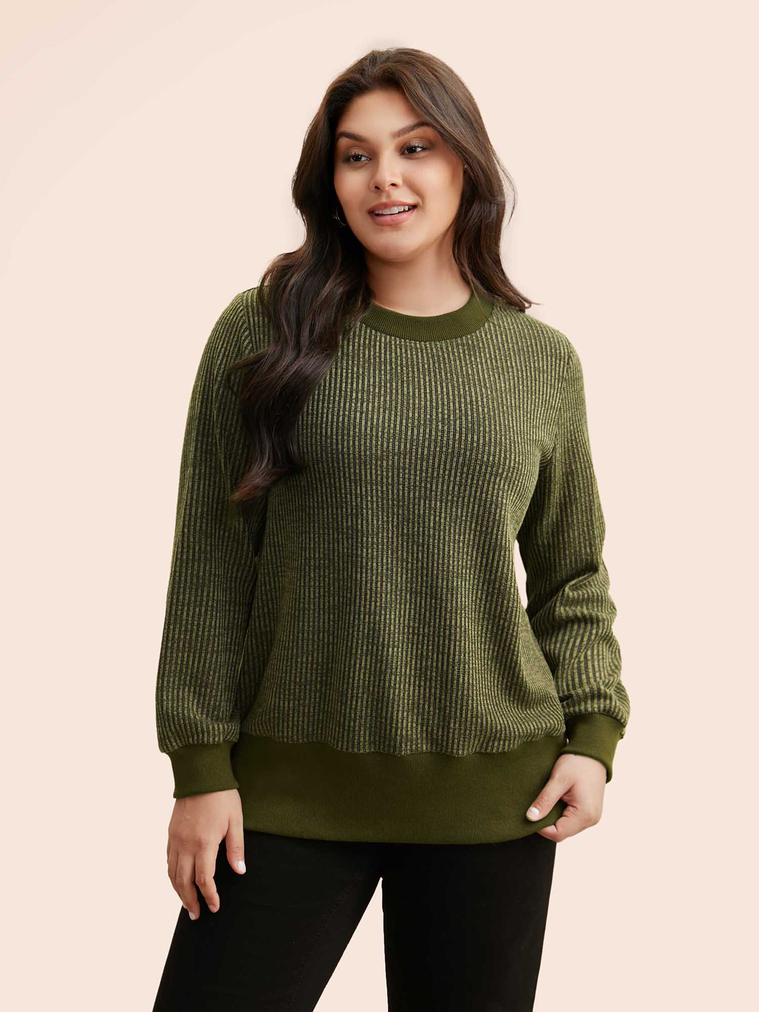 

Plus Size Crew Neck Plain Textured Patchwork Sweatshirt Women ArmyGreen Casual Texture Round Neck Everyday Sweatshirts BloomChic