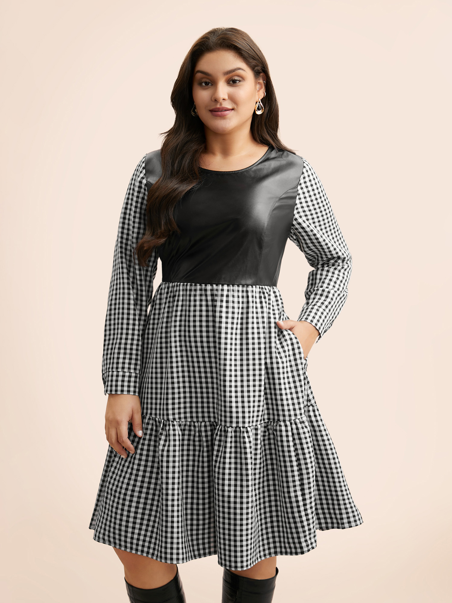 

Plus Size Round Neck Gingham PU Leather Dress Black Women At the Office Patchwork Round Neck Long Sleeve Curvy BloomChic