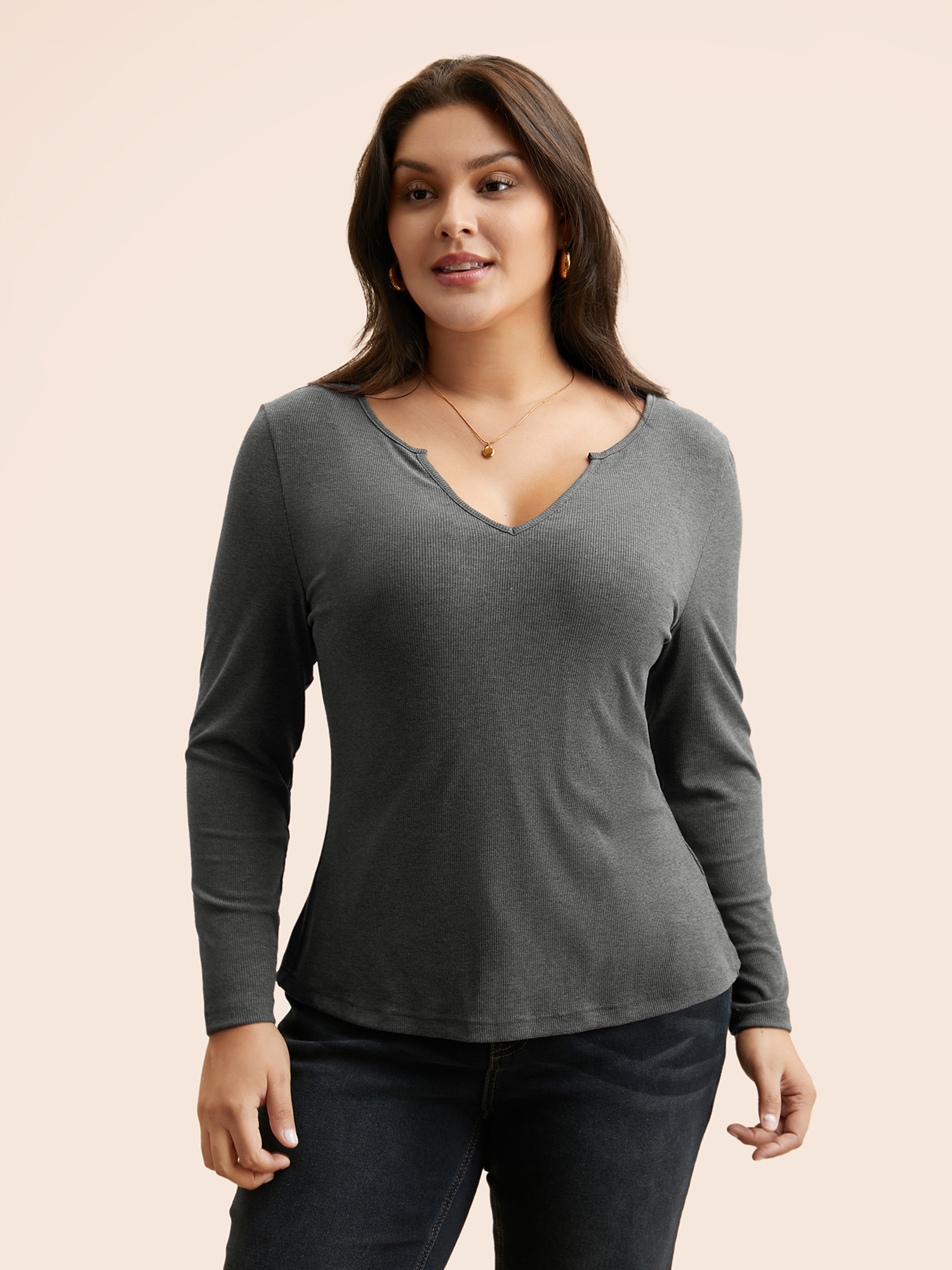 

Plus Size Plain Notched Pit Strip T-shirt DimGray Women Casual Non Flat collar with V-notch Skinny Everyday T-shirts BloomChic