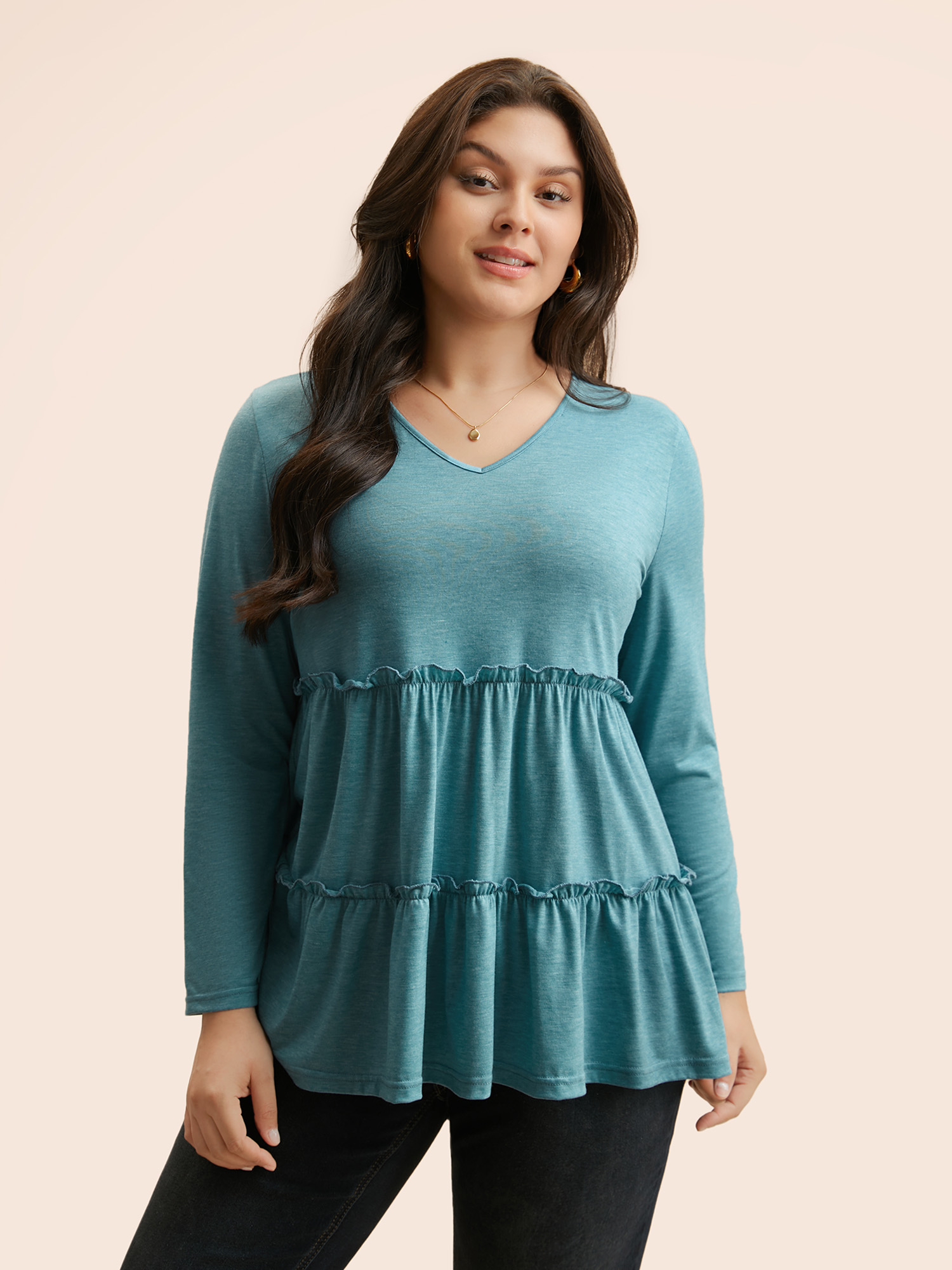 

Plus Size Solid Frill Trim Ruffle Layered Hem T-shirt Cerulean Women Elegant Gathered V-neck Everyday T-shirts BloomChic