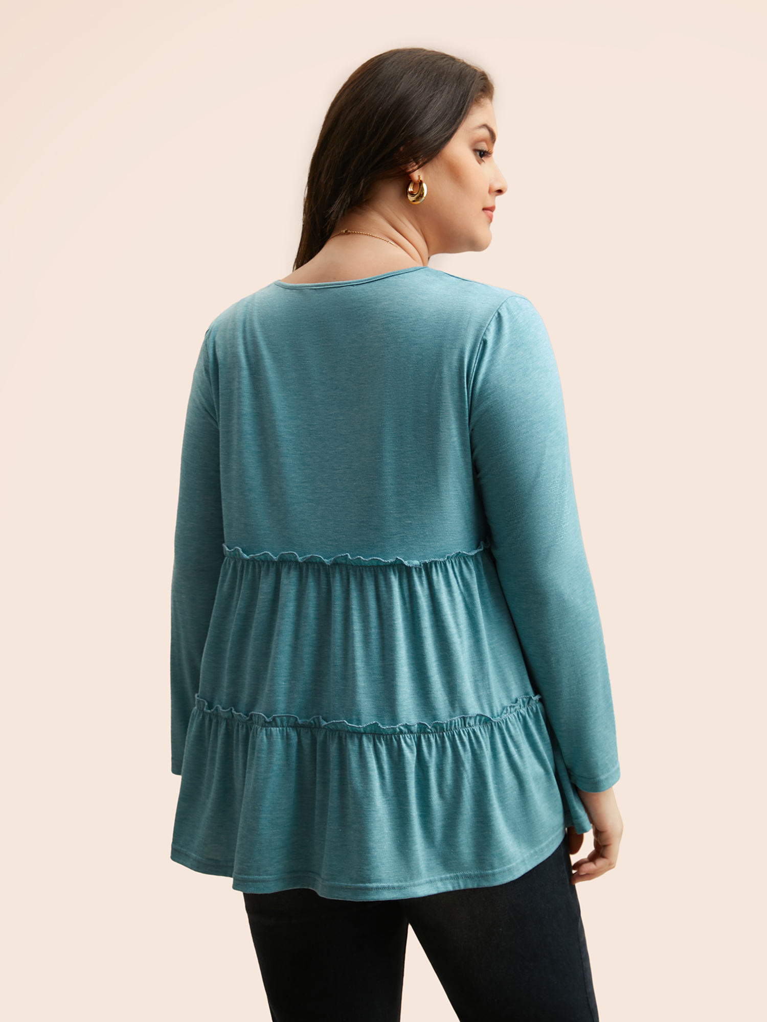 

Plus Size Solid Frill Trim Ruffle Layered Hem T-shirt Cerulean V-neck Long Sleeve Elegant Jersey Tops