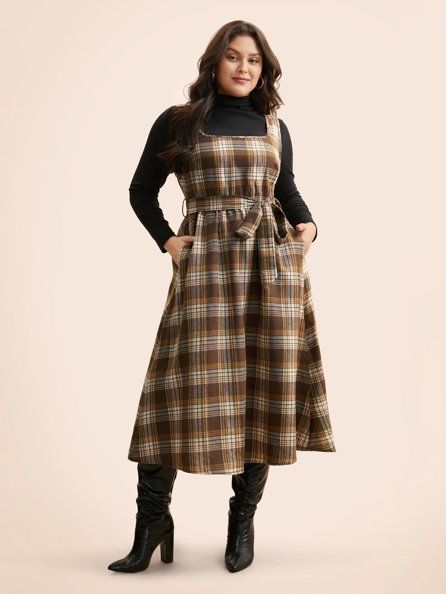 

Plus Size Square Neck Plaid Belted Dress Browncoffeecolor Women Elegant Belted Square Neck Sleeveless Curvy BloomChic