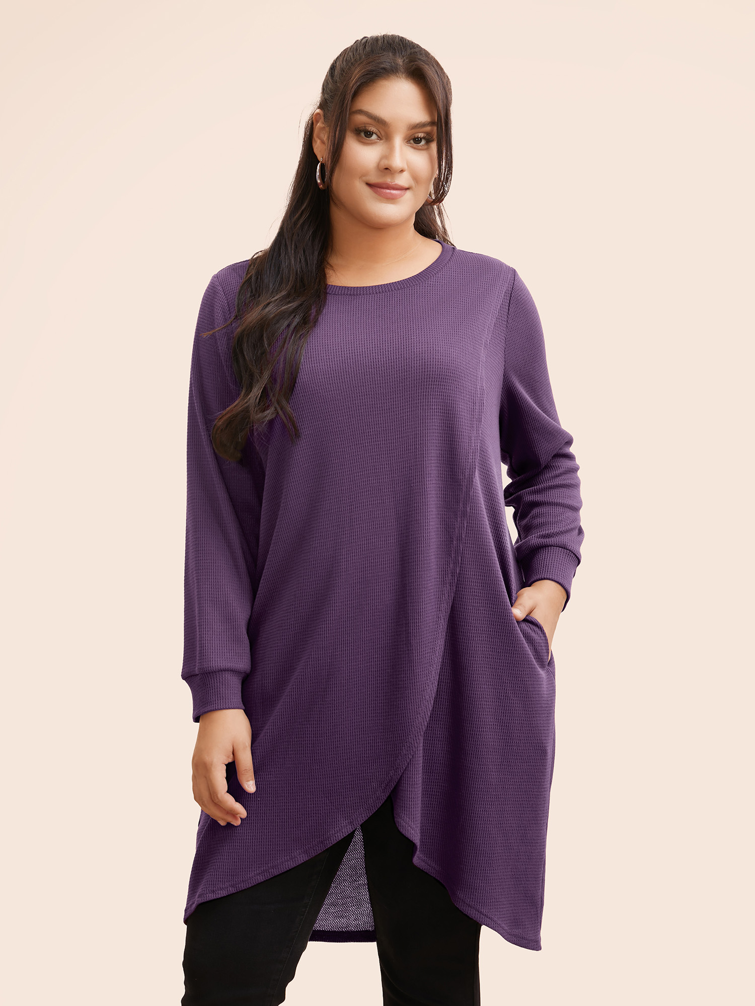 

Plus Size Solid Waffle Knit Overlap Hem T-shirt Eggplant Women Casual Overlapping Round Neck Everyday T-shirts BloomChic