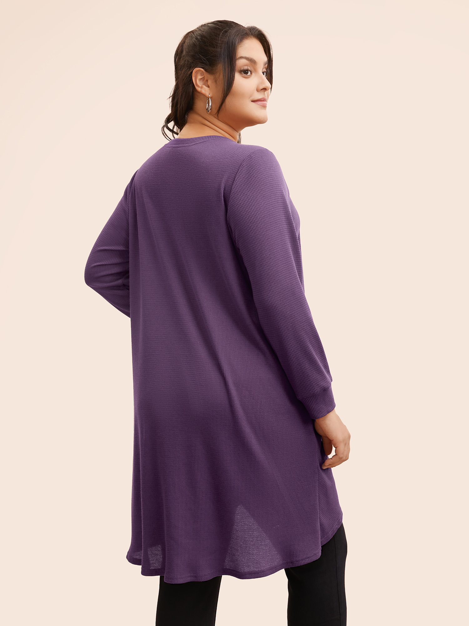 

Plus Size Solid Waffle Knit Overlap Hem T-shirt Eggplant Women Casual Overlapping Round Neck Everyday T-shirts BloomChic