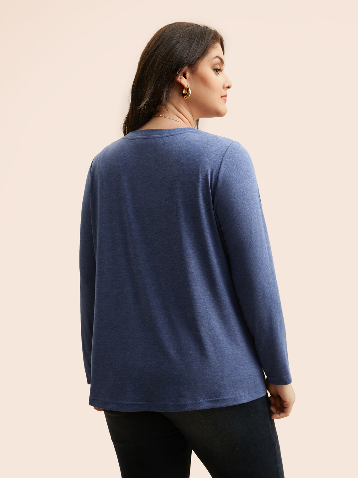 

Plus Size Solid Crew Neck Twist Front T-shirt DarkBlue Round Neck Long Sleeve Casual Jersey Tops