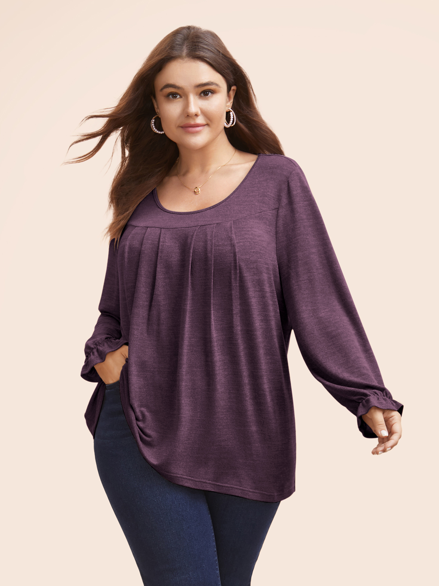 

Plus Size Round Neck Heather Pleated T-shirt Eggplant Women Elegant Pleated Round Neck Loose Everyday T-shirts BloomChic