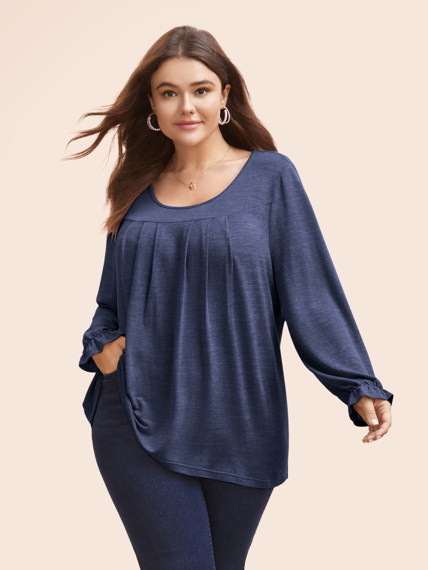 

Plus Size Round Neck Heather Pleated T-shirt Indigo Women Elegant Pleated Round Neck Loose Everyday T-shirts BloomChic