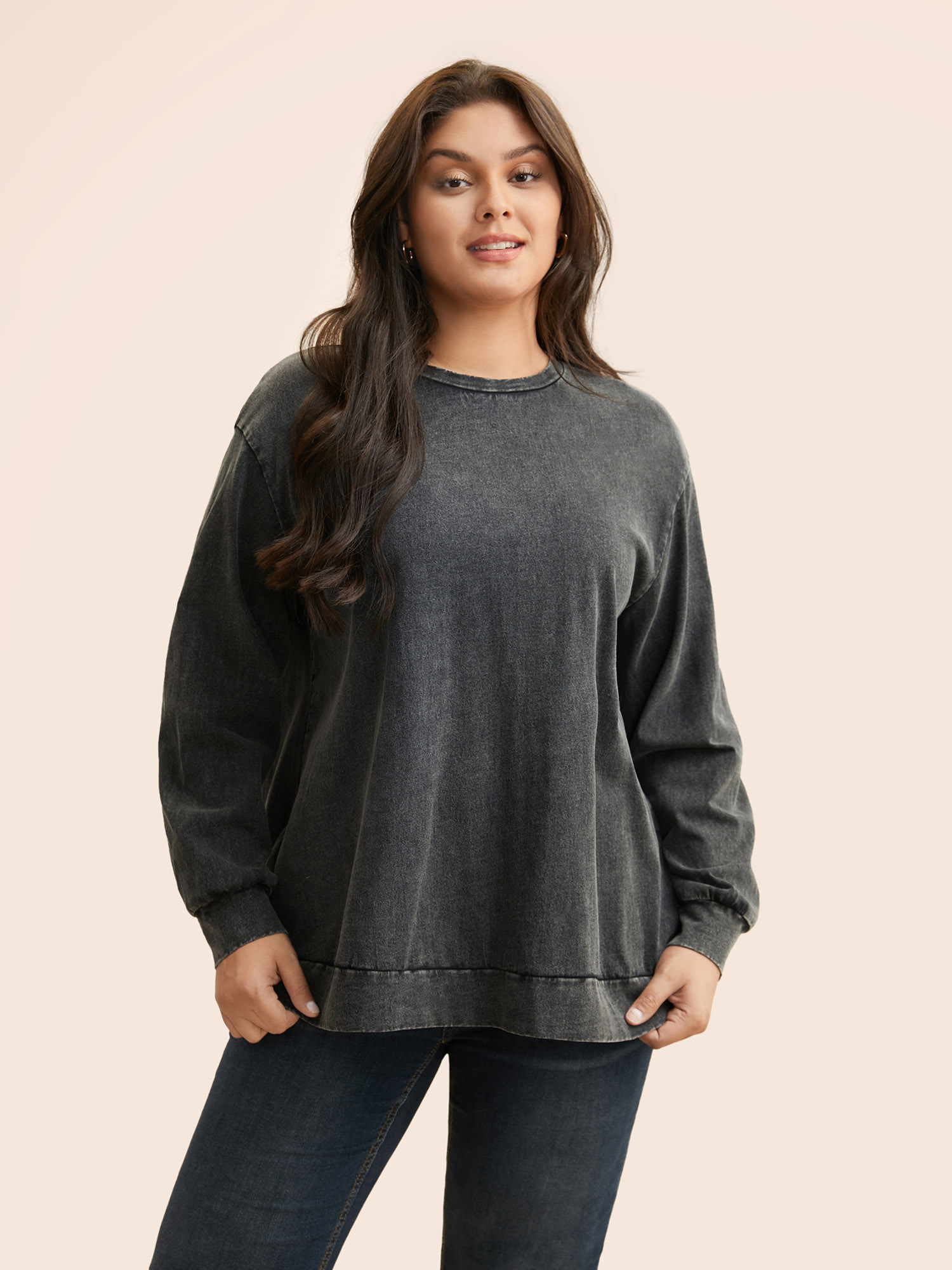 

Plus Size Vintage Round Neck Slightly Stretchy Sweatshirt Women Black Casual Non Loose Round Neck Everyday Sweatshirts BloomChic