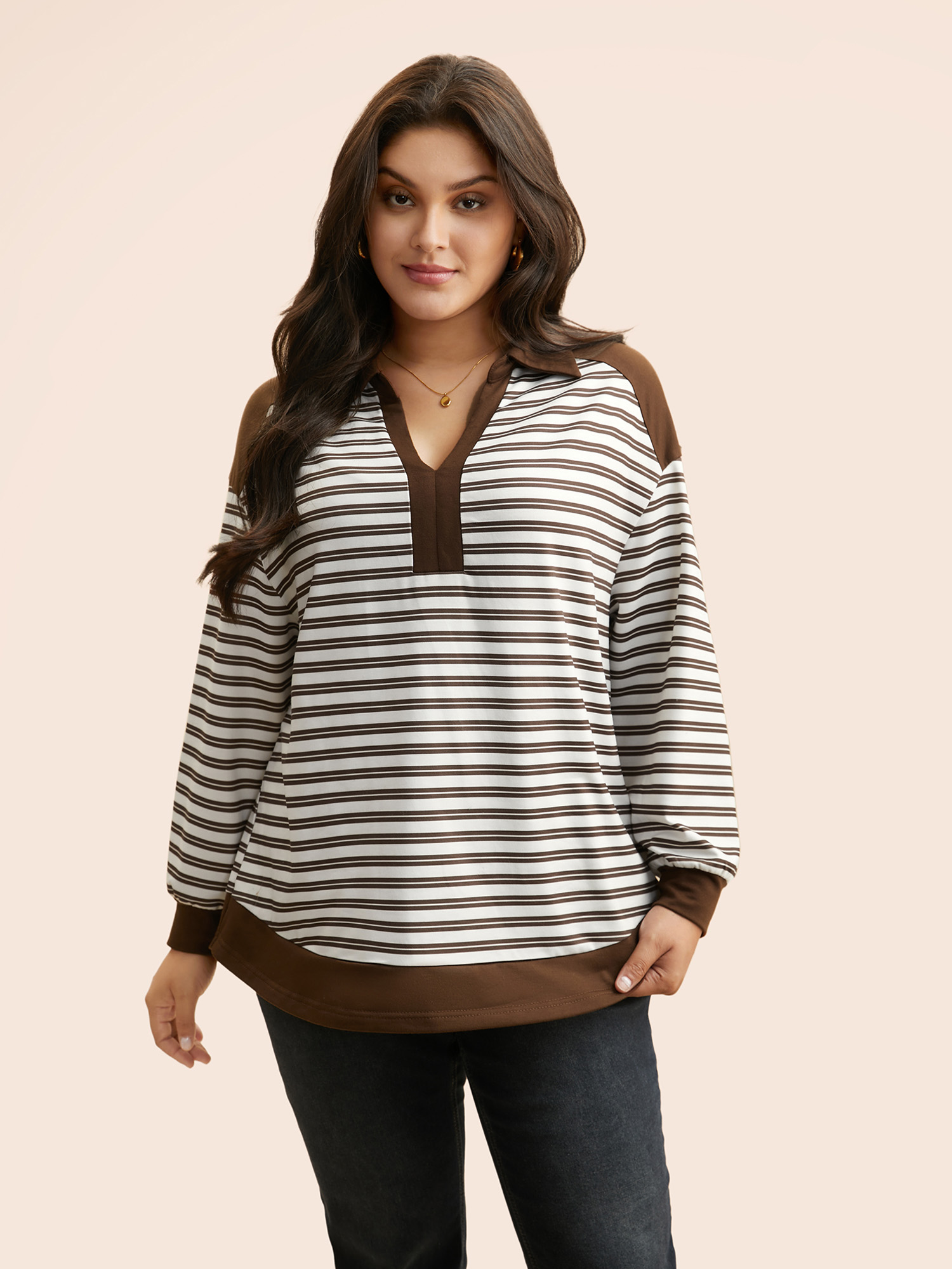 

Plus Size Striped Patchwork Arc Hem Sweatshirt Women DarkBrown Casual Contrast Loose Polo Everyday Sweatshirts BloomChic