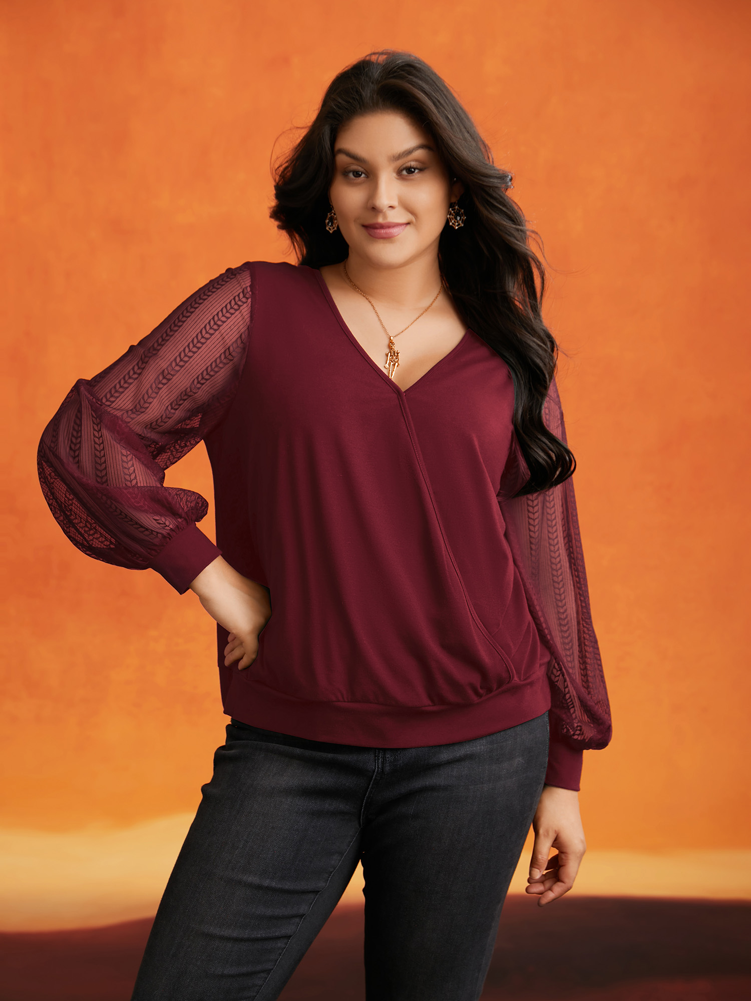 

Plus Size Wrap Of Enchantment V-Neck T-shirt Scarlet V-neck Long Sleeve Casual Jersey Tops