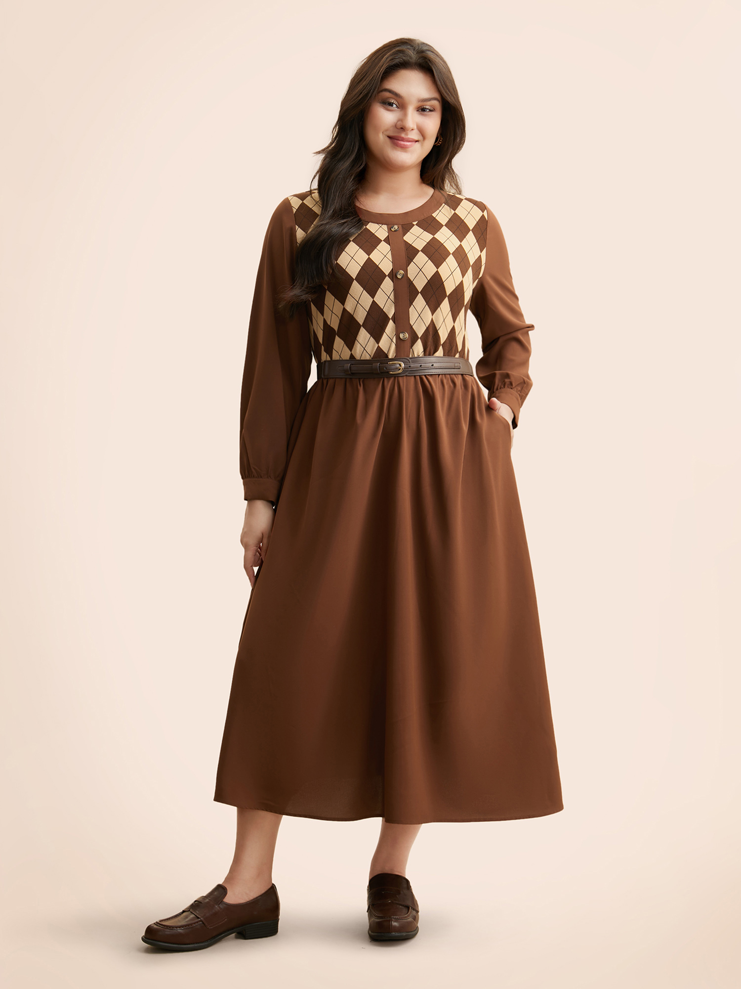 

Plus Size Geometric Crew Neck Button Detail Dress Browncoffeecolor Women Elegant Patchwork Round Neck Long Sleeve Curvy BloomChic