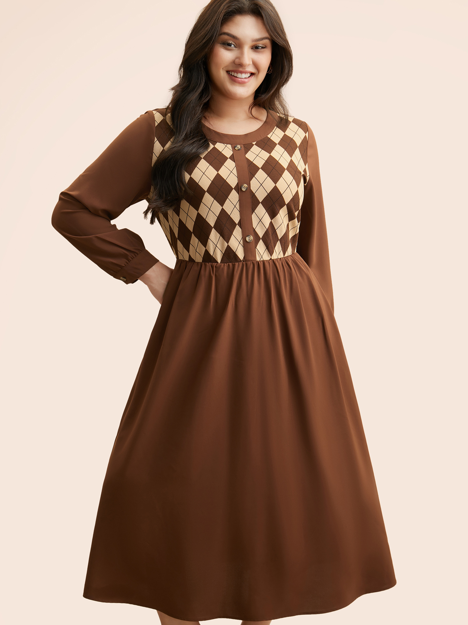 Plus Size Geometric Crew Neck Button Detail Dress Browncoffeecolor Women Elegant Patchwork Round Neck Long Sleeve Curvy BloomChic 12/L 