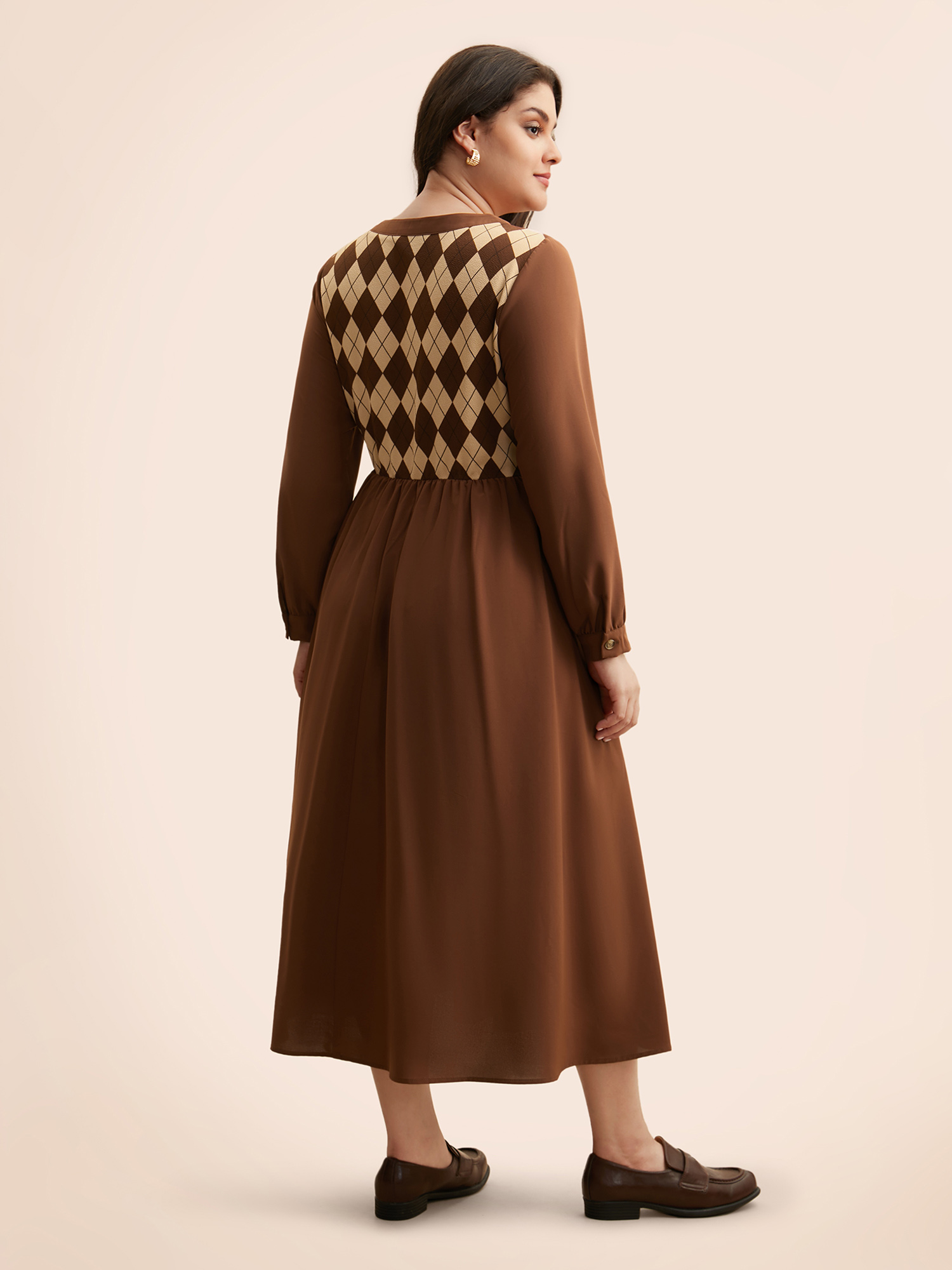 Plus Size Geometric Crew Neck Button Detail Dress Browncoffeecolor Women Elegant Patchwork Round Neck Long Sleeve Curvy BloomChic 12/L 