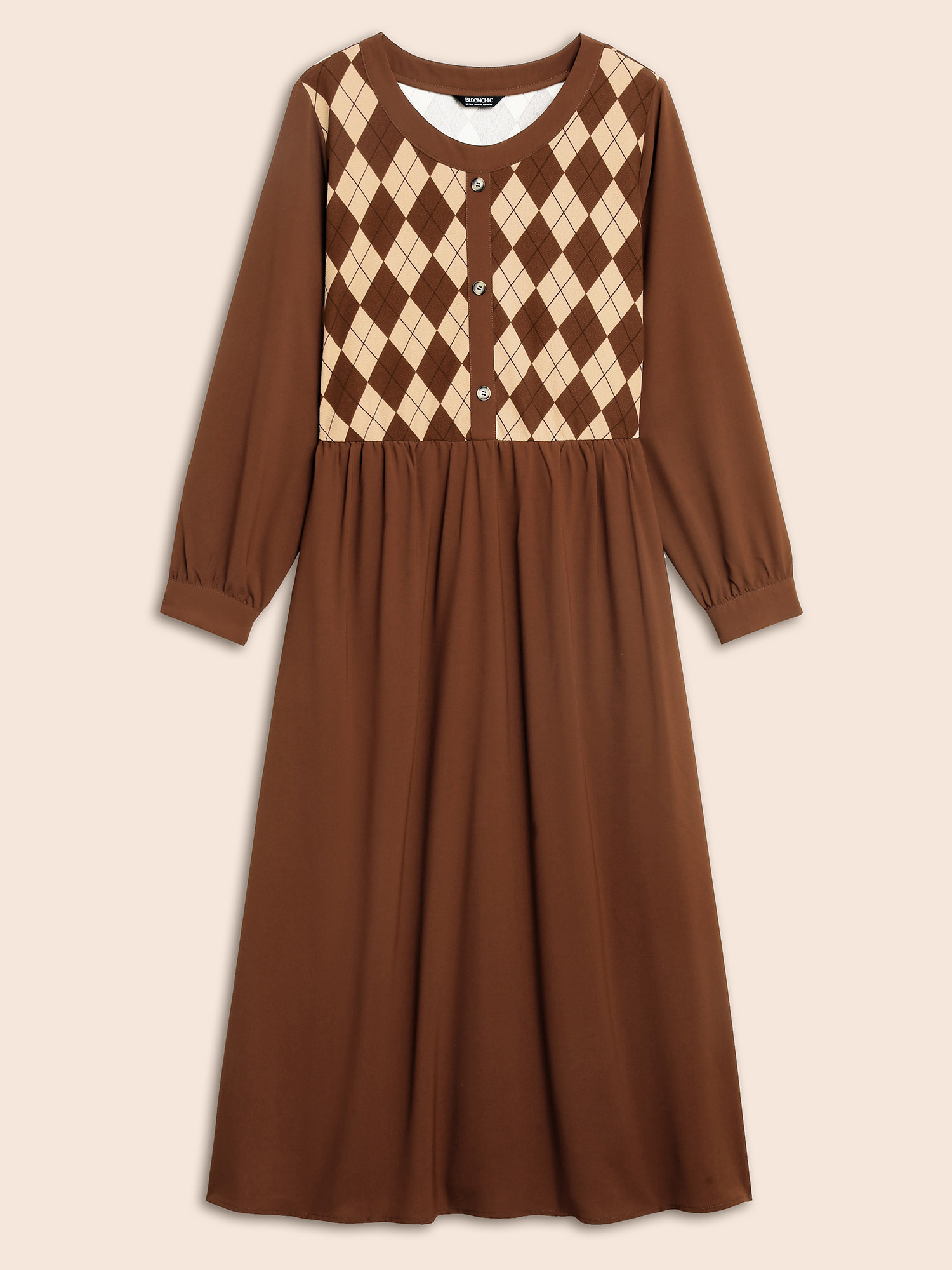 Plus Size Geometric Crew Neck Button Detail Dress Browncoffeecolor Women Elegant Patchwork Round Neck Long Sleeve Curvy BloomChic 12/L 