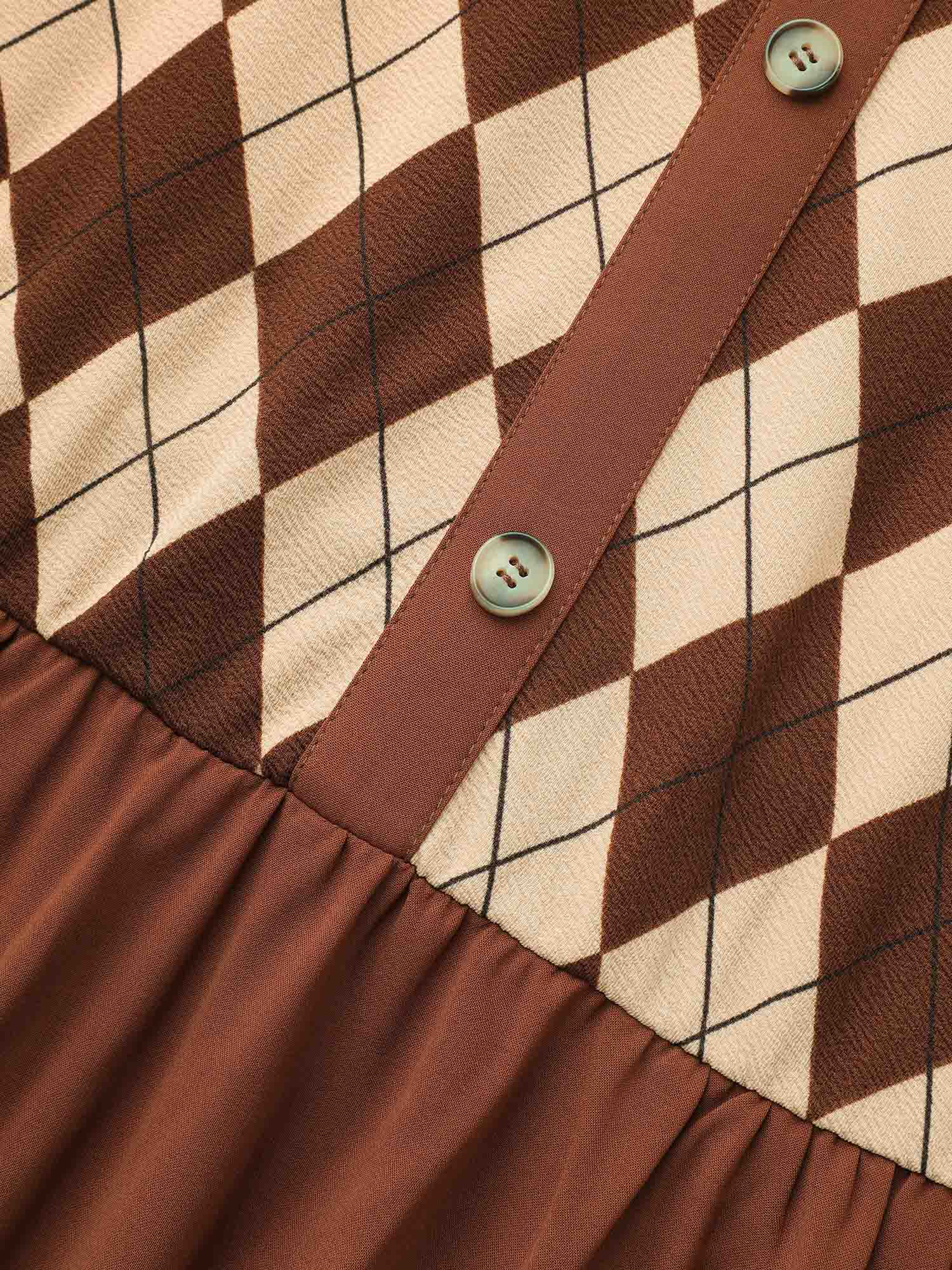 Plus Size Geometric Crew Neck Button Detail Dress Browncoffeecolor Women Elegant Patchwork Round Neck Long Sleeve Curvy BloomChic 12/L 