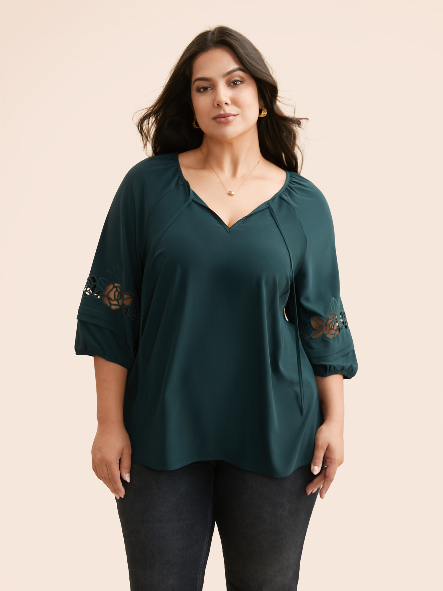 

Plus Size DarkGreen Broderie Anglaise Gathered Tie Knot Blouse Women Elegant Elbow-length sleeve V-neck Everyday Blouses BloomChic