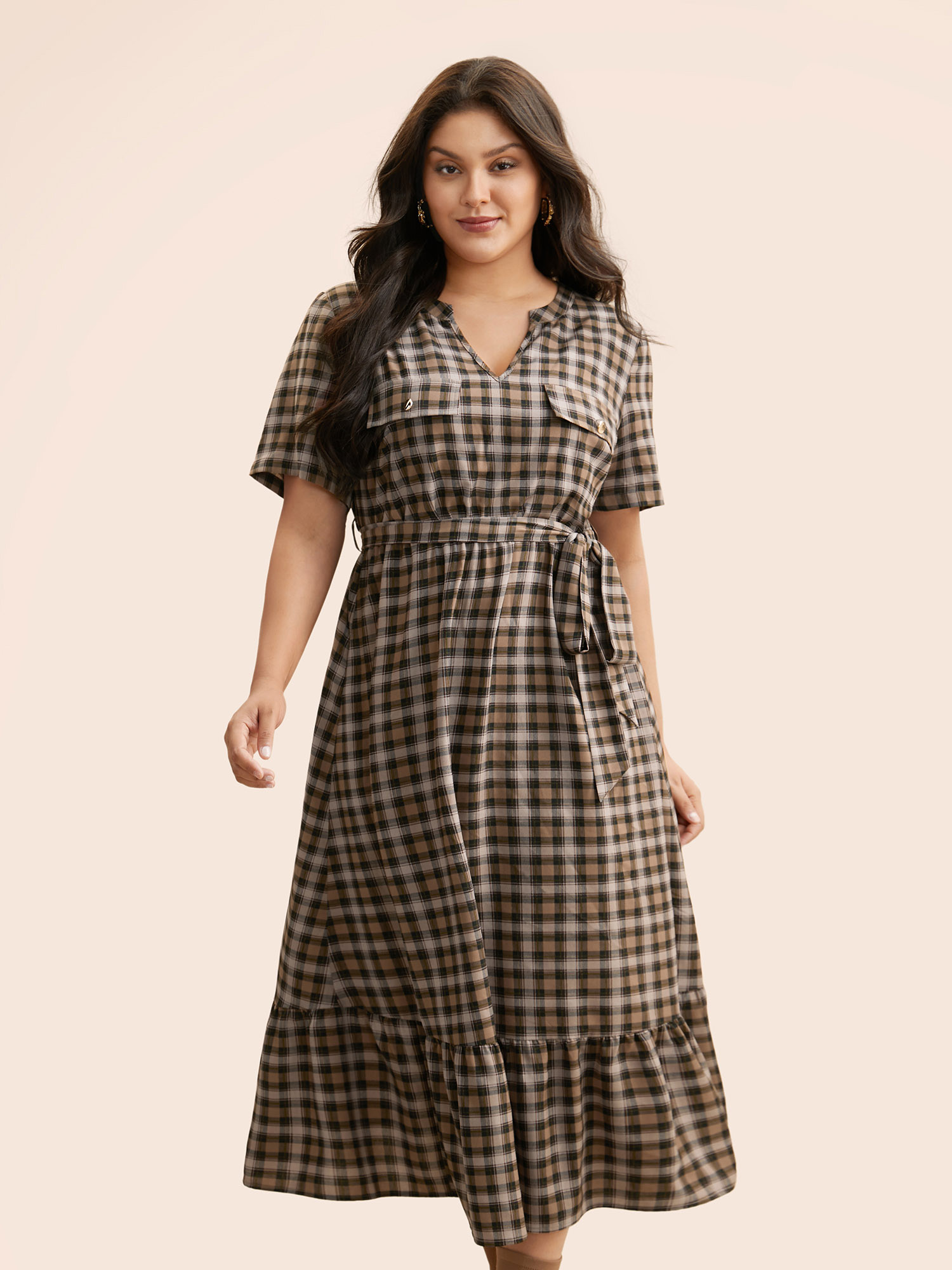 

Plus Size Plaid Ruffle Hem Flap Detail Belted Dress Browncoffeecolor Women At the Office Belted Flat collar with V-notch Short sleeve Curvy BloomChic