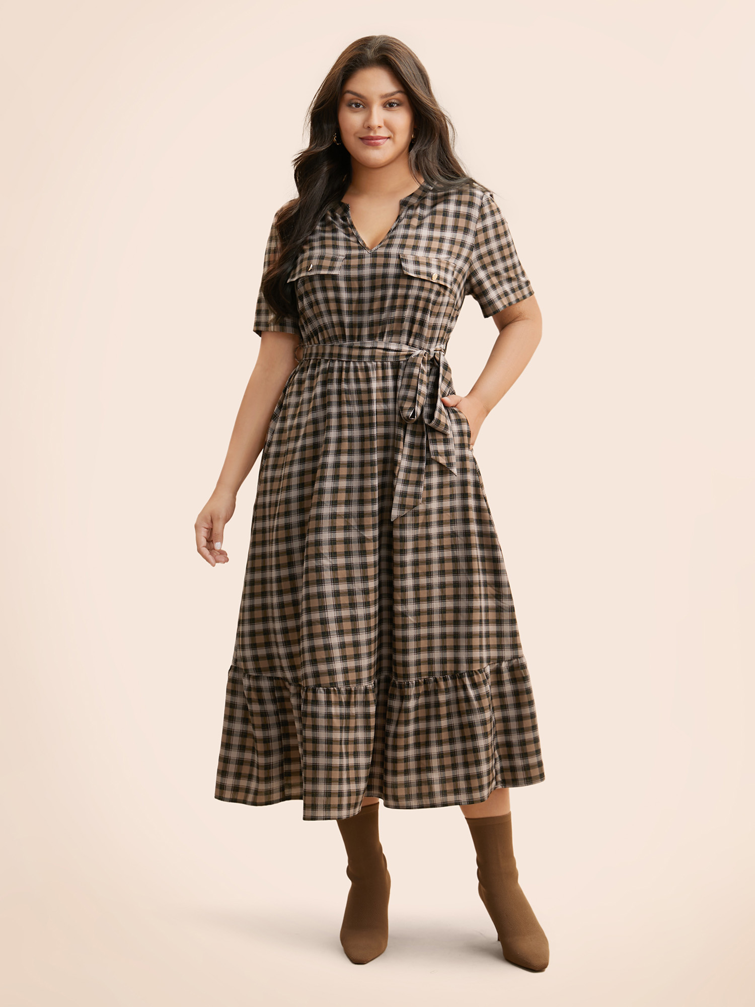 

Plus Size Plaid Ruffle Hem Flap Detail Belted Dress Browncoffeecolor Women At the Office Belted Flat collar with V-notch Short sleeve Curvy BloomChic