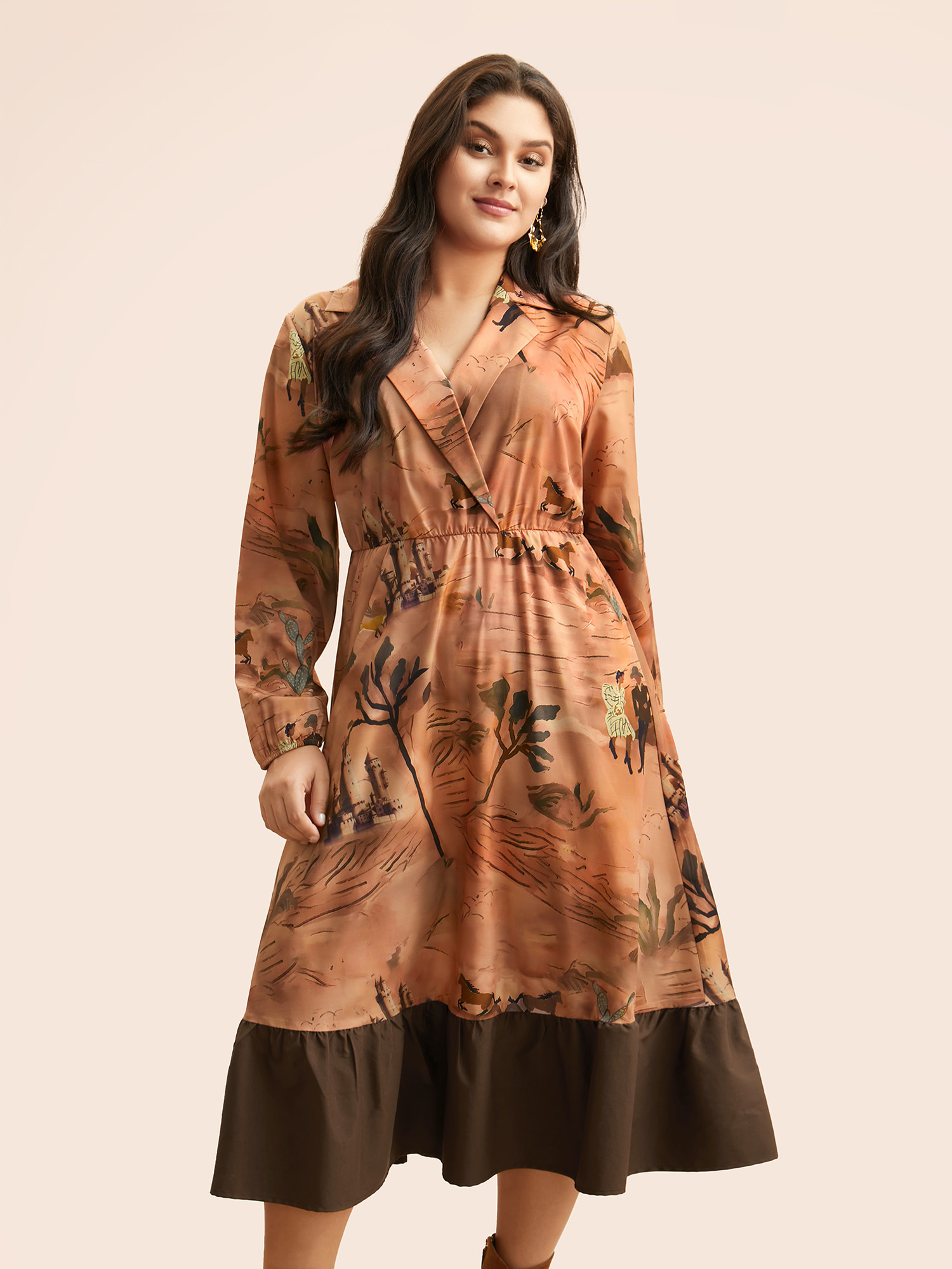 Plus Size Landscape Pattern Elastic Waist Midi Dress Wheat Women Elegant Contrast Suit Collar Long Sleeve Curvy BloomChic 12/L 