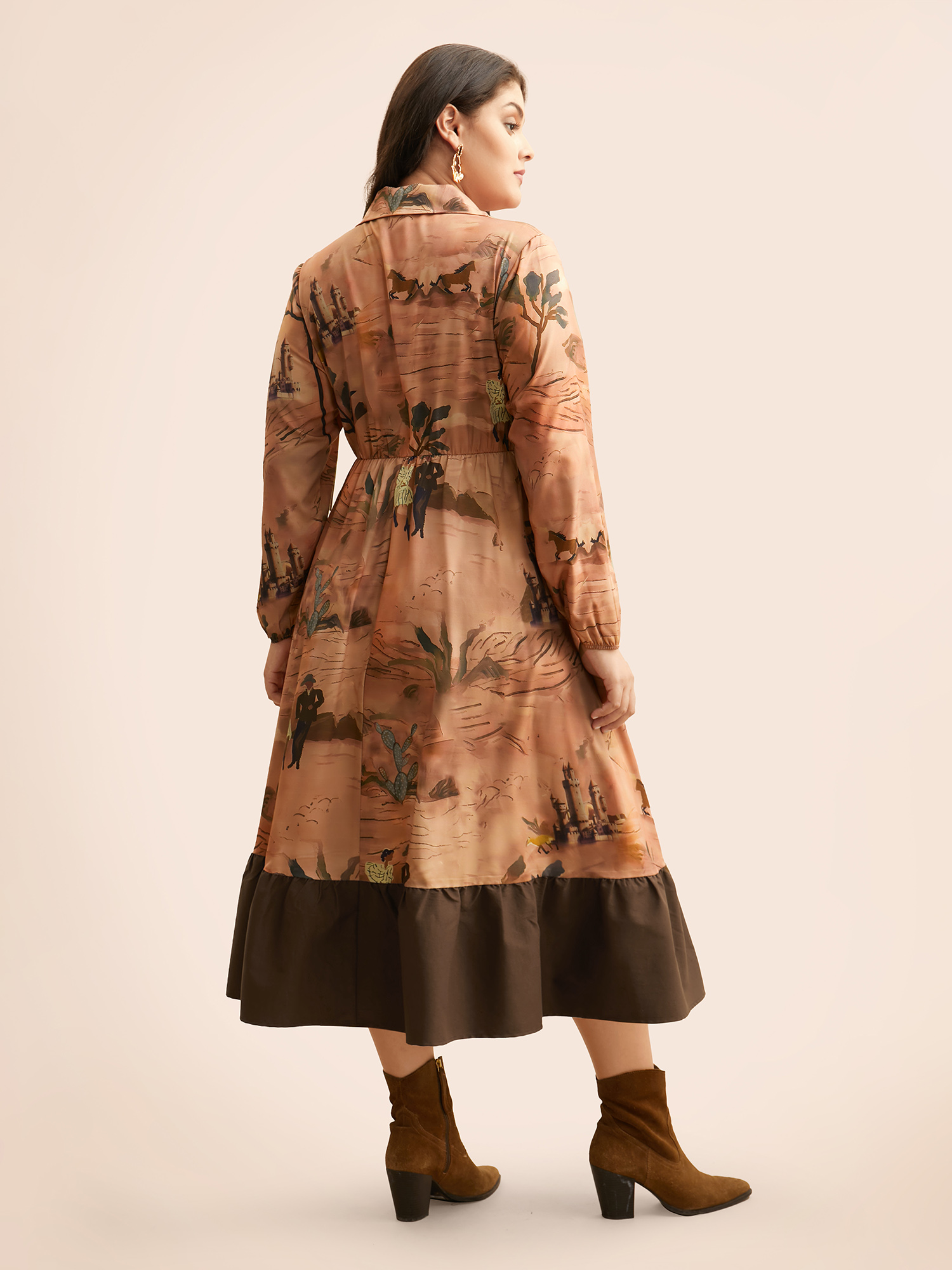 Plus Size Landscape Pattern Elastic Waist Midi Dress Wheat Women Elegant Contrast Suit Collar Long Sleeve Curvy BloomChic 12/L 