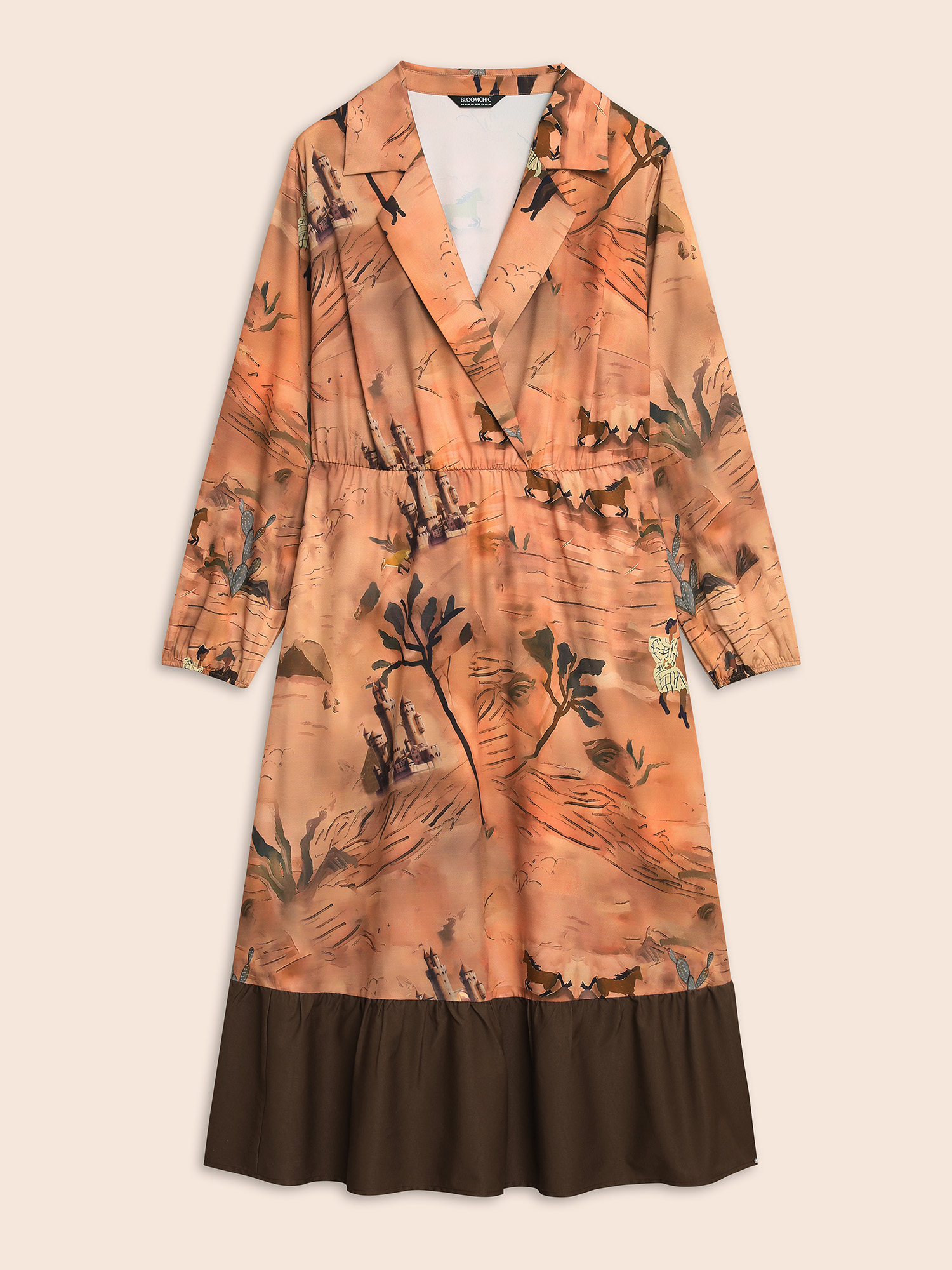 Plus Size Landscape Pattern Elastic Waist Midi Dress Wheat Women Elegant Contrast Suit Collar Long Sleeve Curvy BloomChic 12/L 