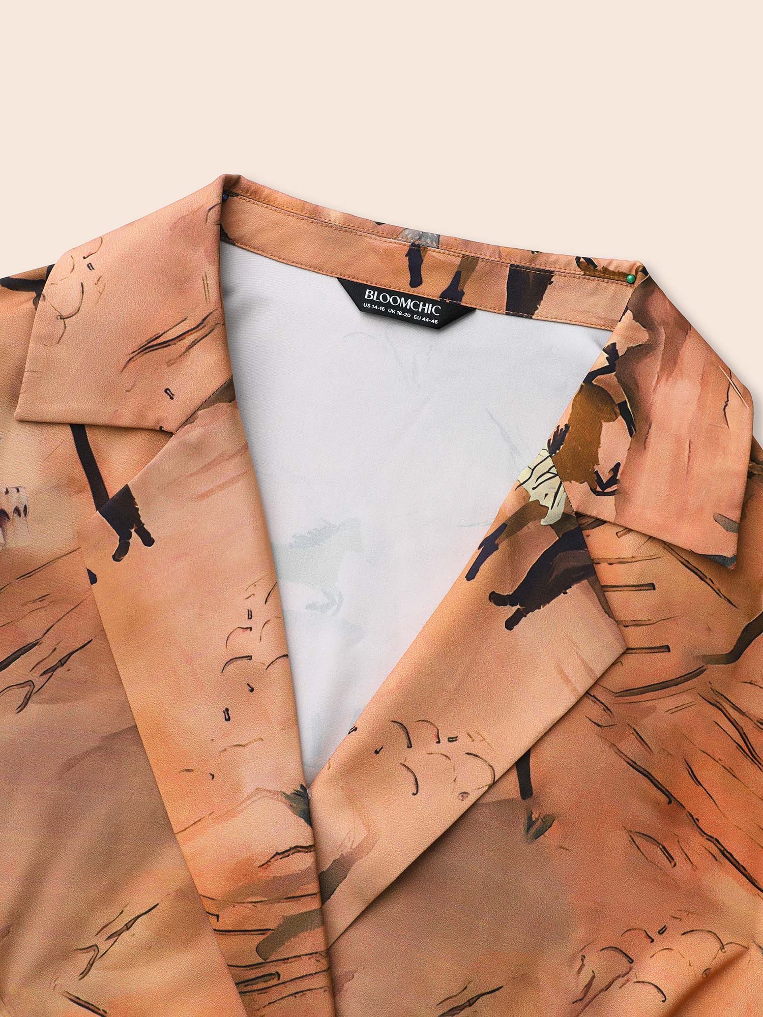 Plus Size Landscape Pattern Elastic Waist Midi Dress Wheat Women Elegant Contrast Suit Collar Long Sleeve Curvy BloomChic 12/L 