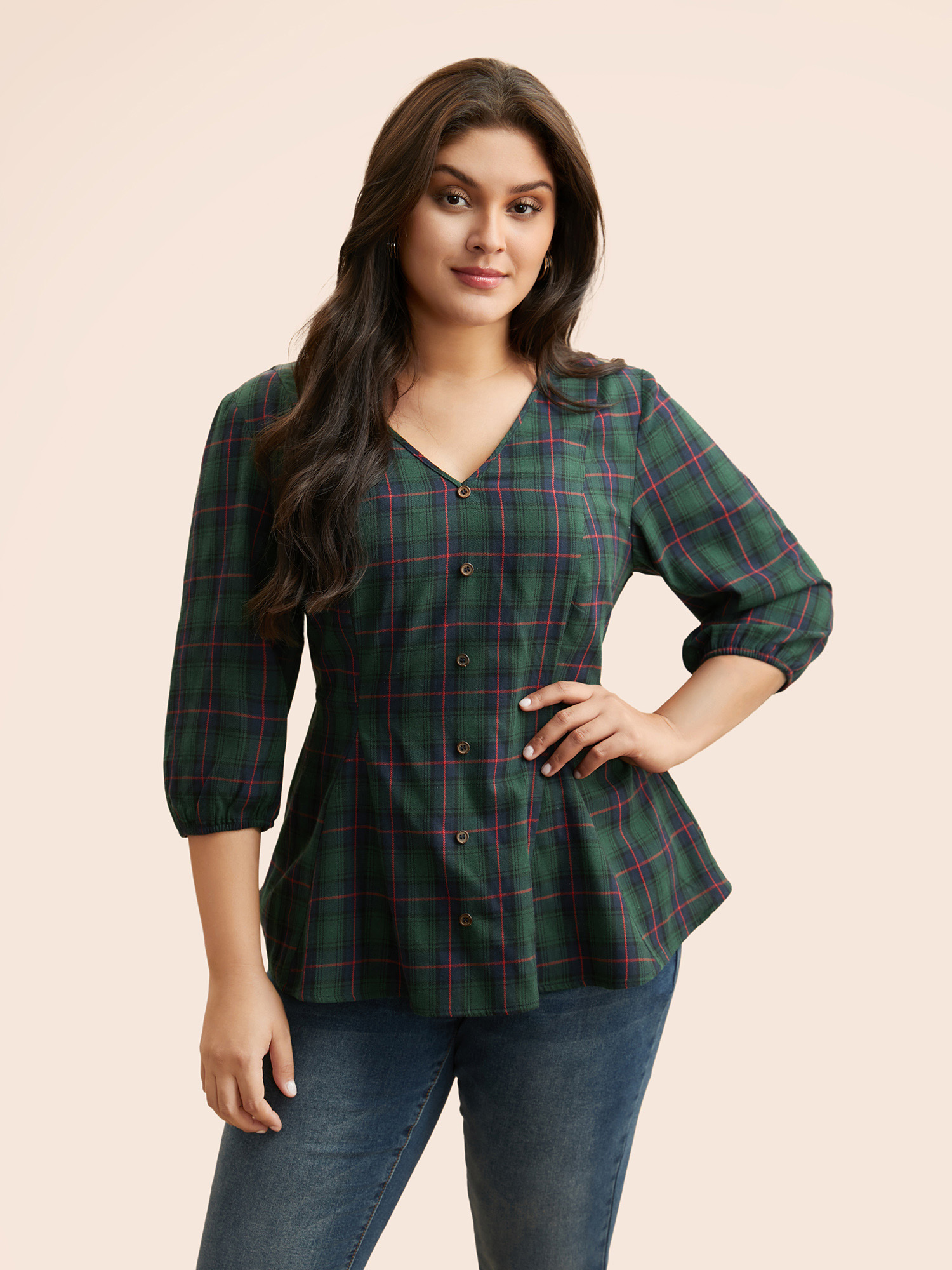 

Plus Size DarkGreen Plaid Button Detail Lantern Sleeve Blouse Women Elegant Elbow-length sleeve V-neck Everyday Blouses BloomChic