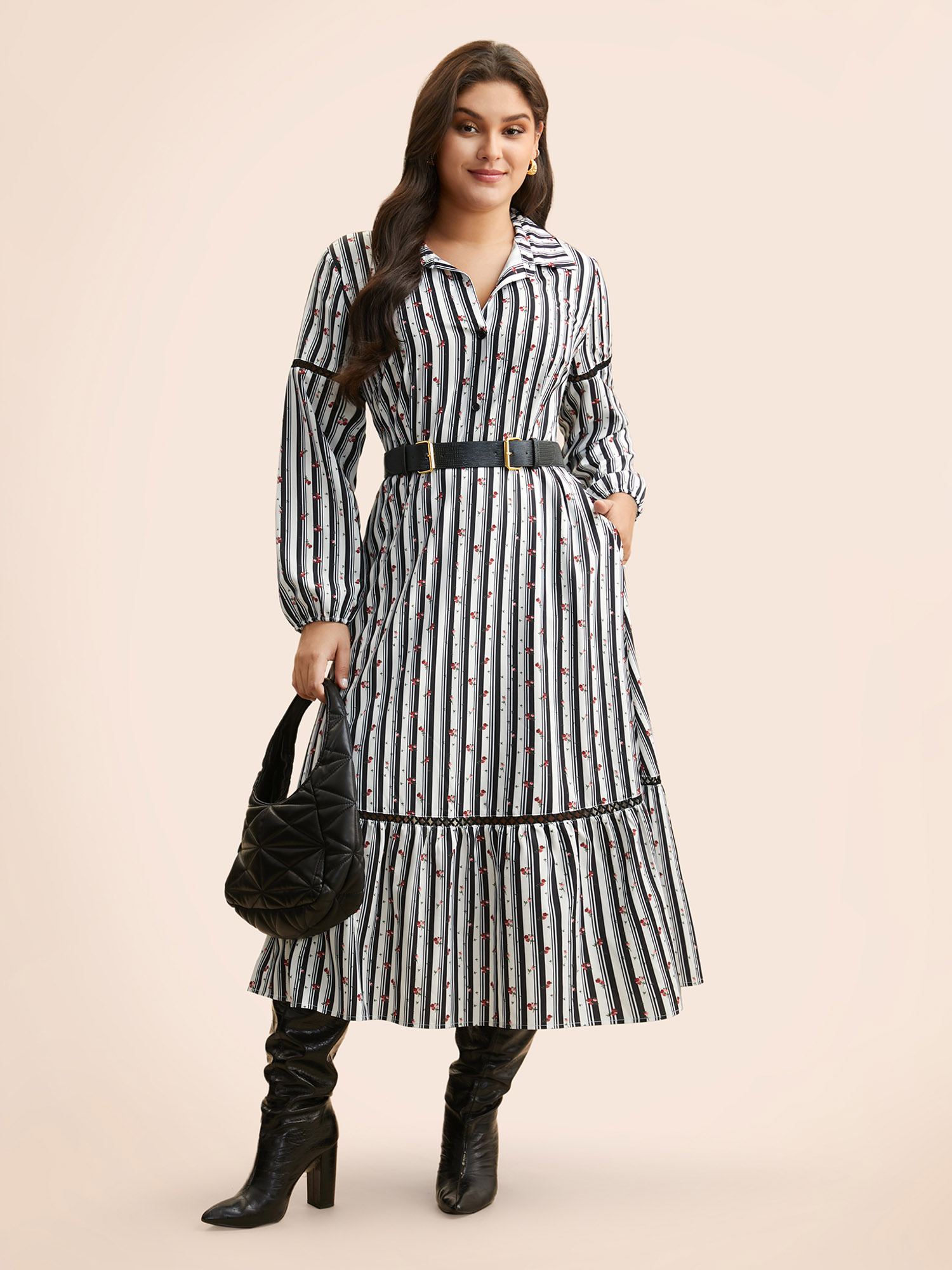 

Plus Size Striped Ditsy Floral Woven Ribbon Dress WhiteSmoke Women At the Office Woven ribbon&lace trim Shirt collar Long Sleeve Curvy BloomChic