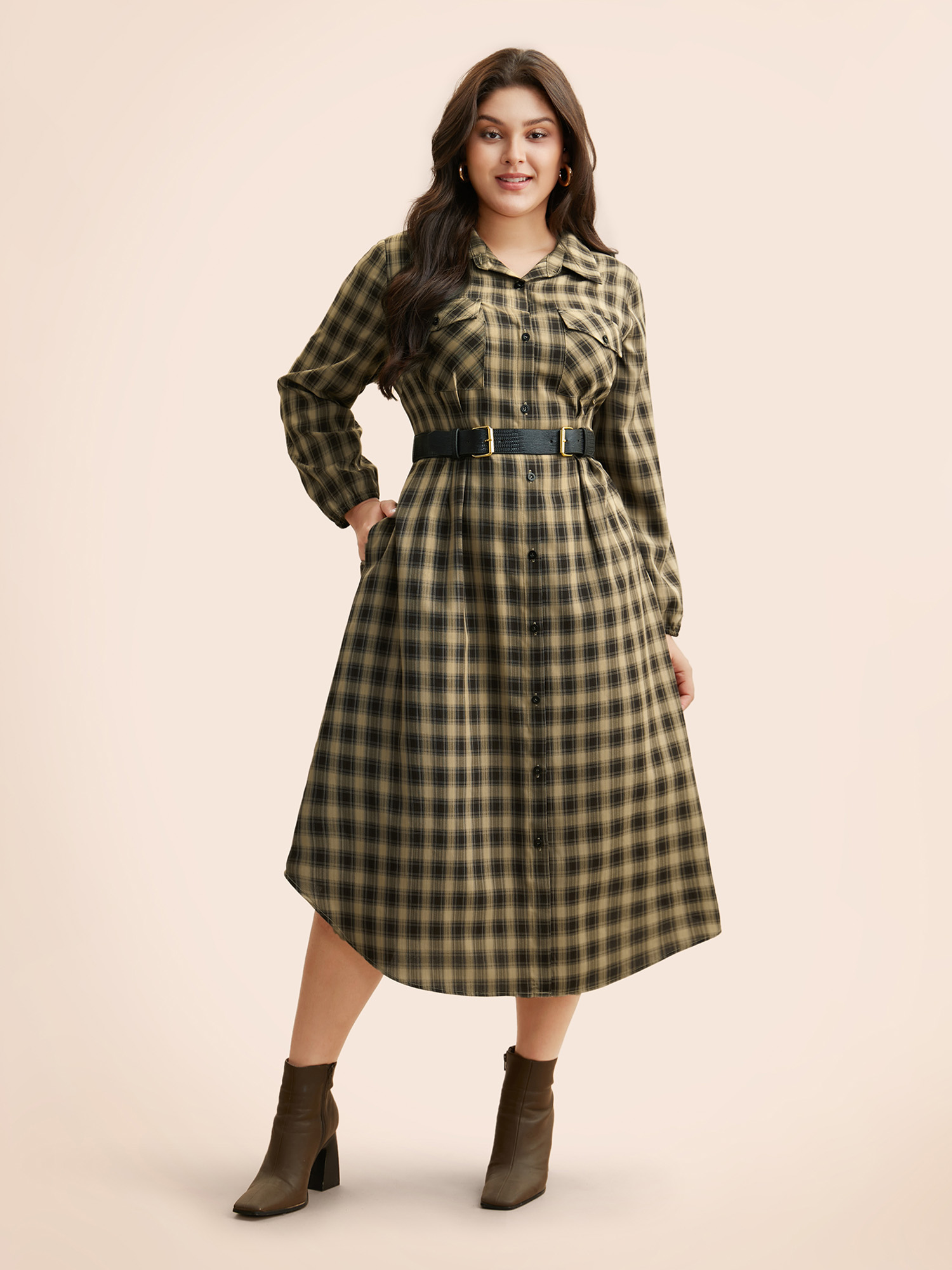 

Plus Size Plaid Pleated Flap Pocket Arc Hem Dress Browncoffeecolor Women At the Office Pleated Shirt collar Long Sleeve Curvy BloomChic