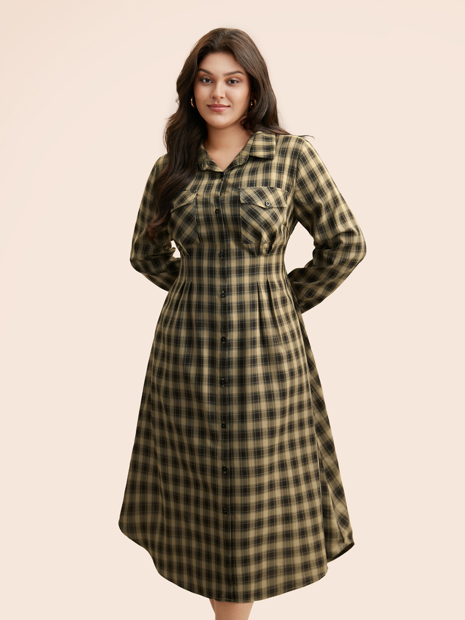 

Plus Size Plaid Pleated Flap Pocket Arc Hem Dress Browncoffeecolor Women At the Office Pleated Shirt collar Long Sleeve Curvy BloomChic